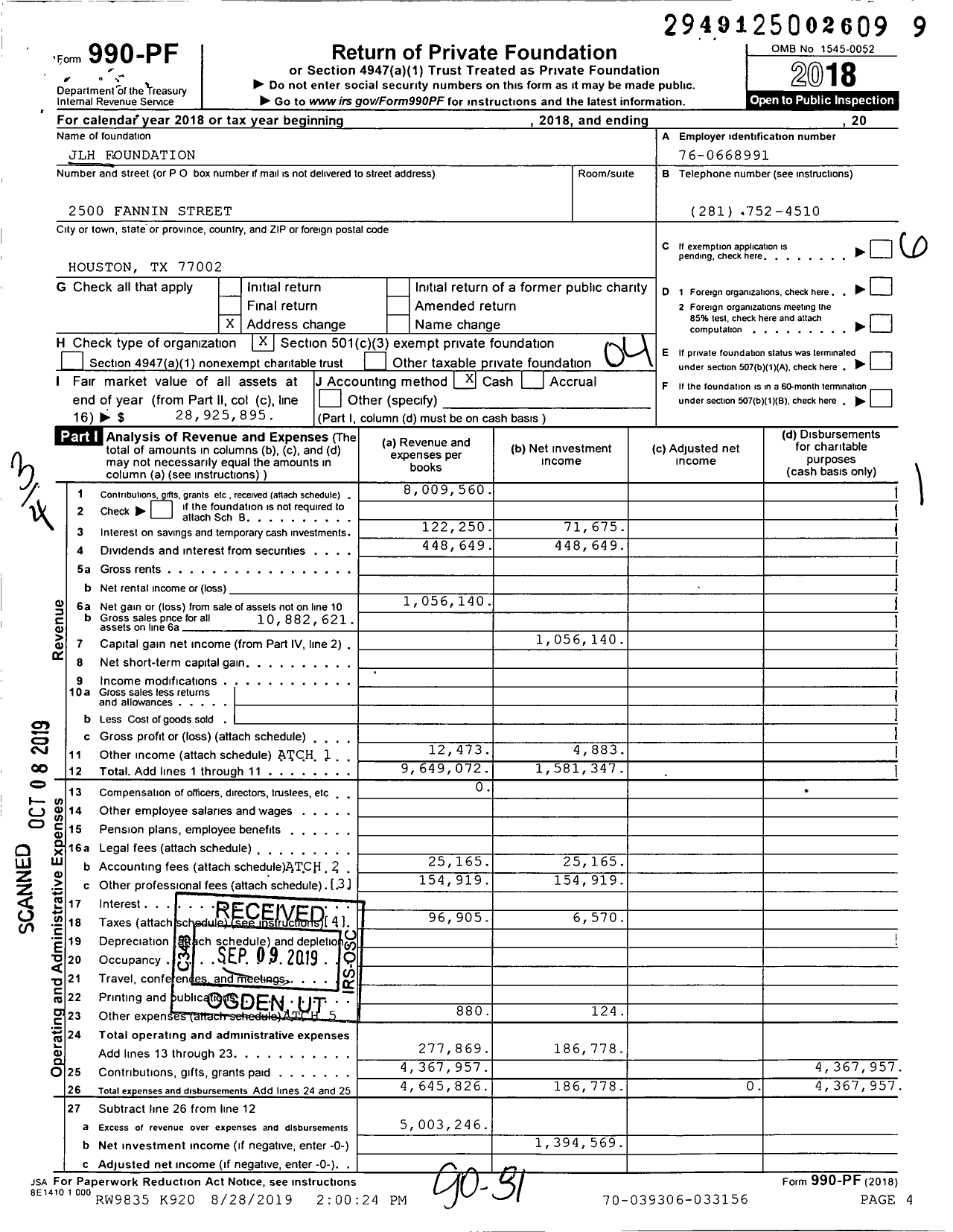 Image of first page of 2018 Form 990PF for JLH Foundation