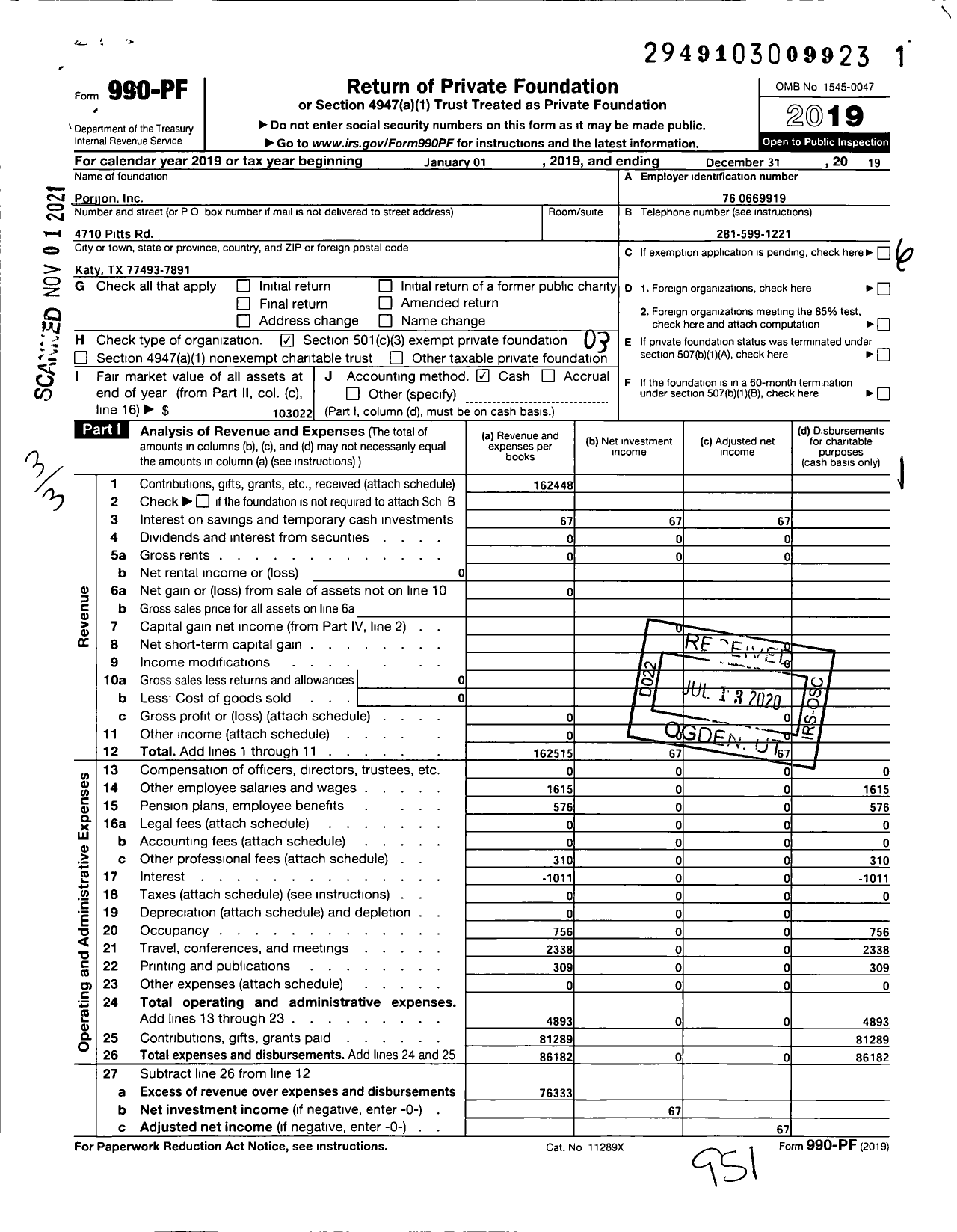 Image of first page of 2019 Form 990PF for Porijon