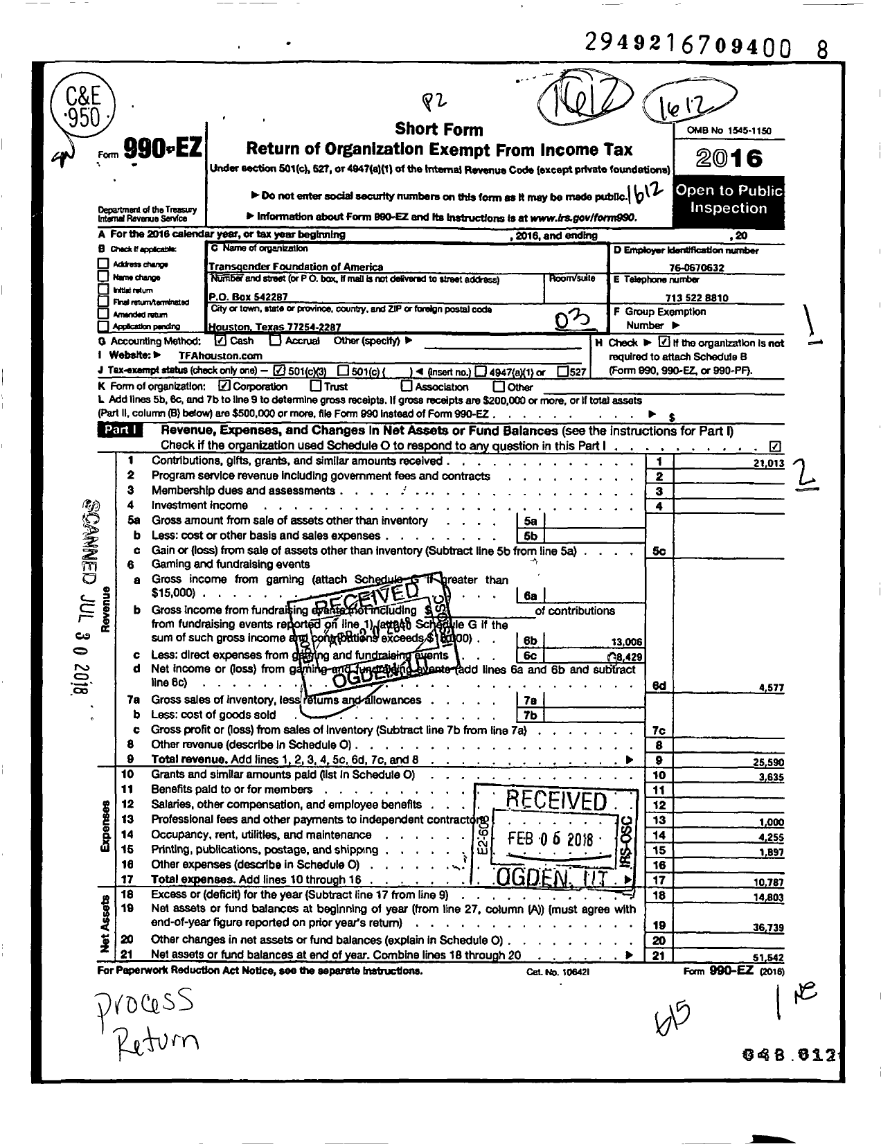 Image of first page of 2016 Form 990EZ for Transgender Foundation of America