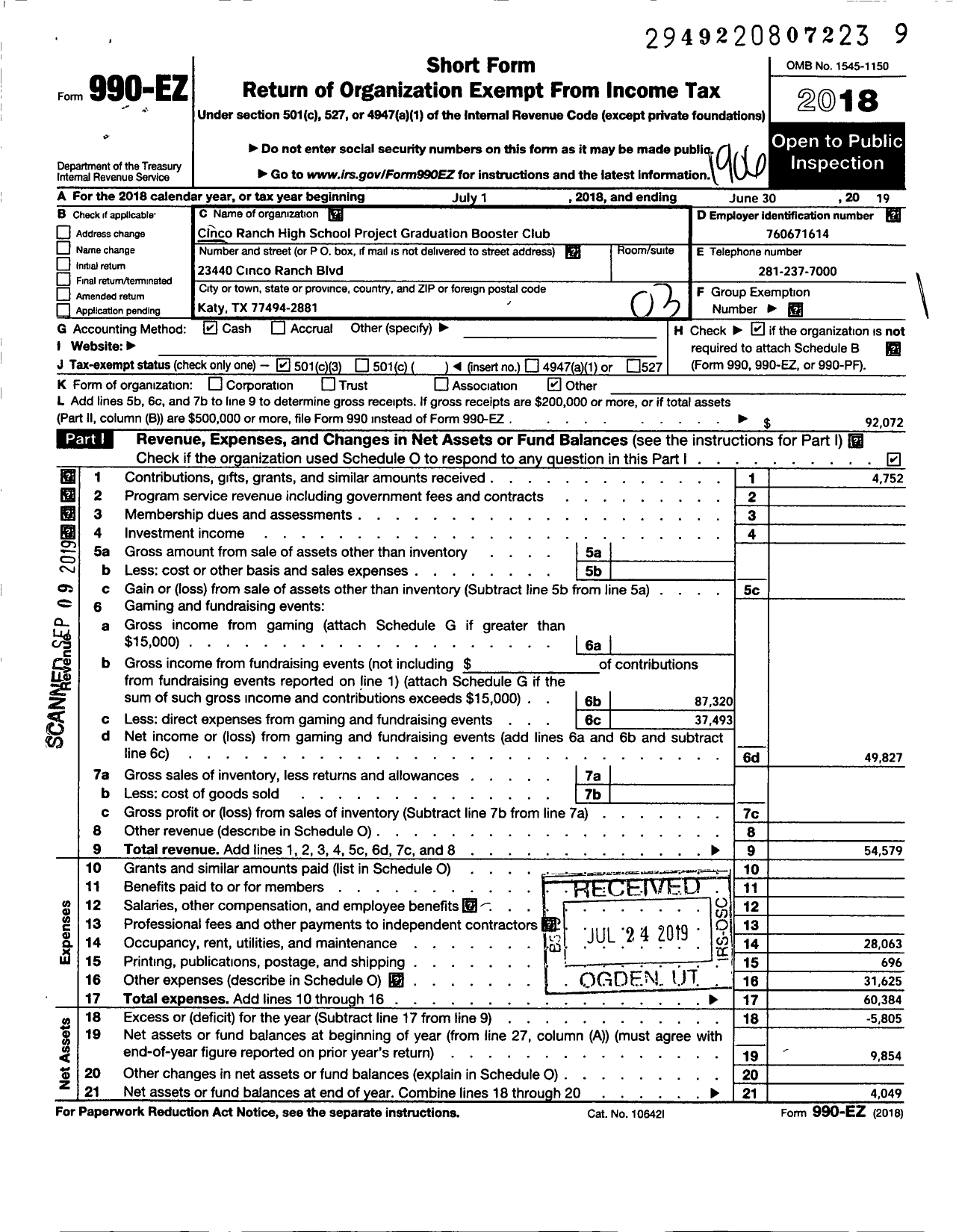 Image of first page of 2018 Form 990EZ for Cinco Ranch High School Project Graduation Booster Club