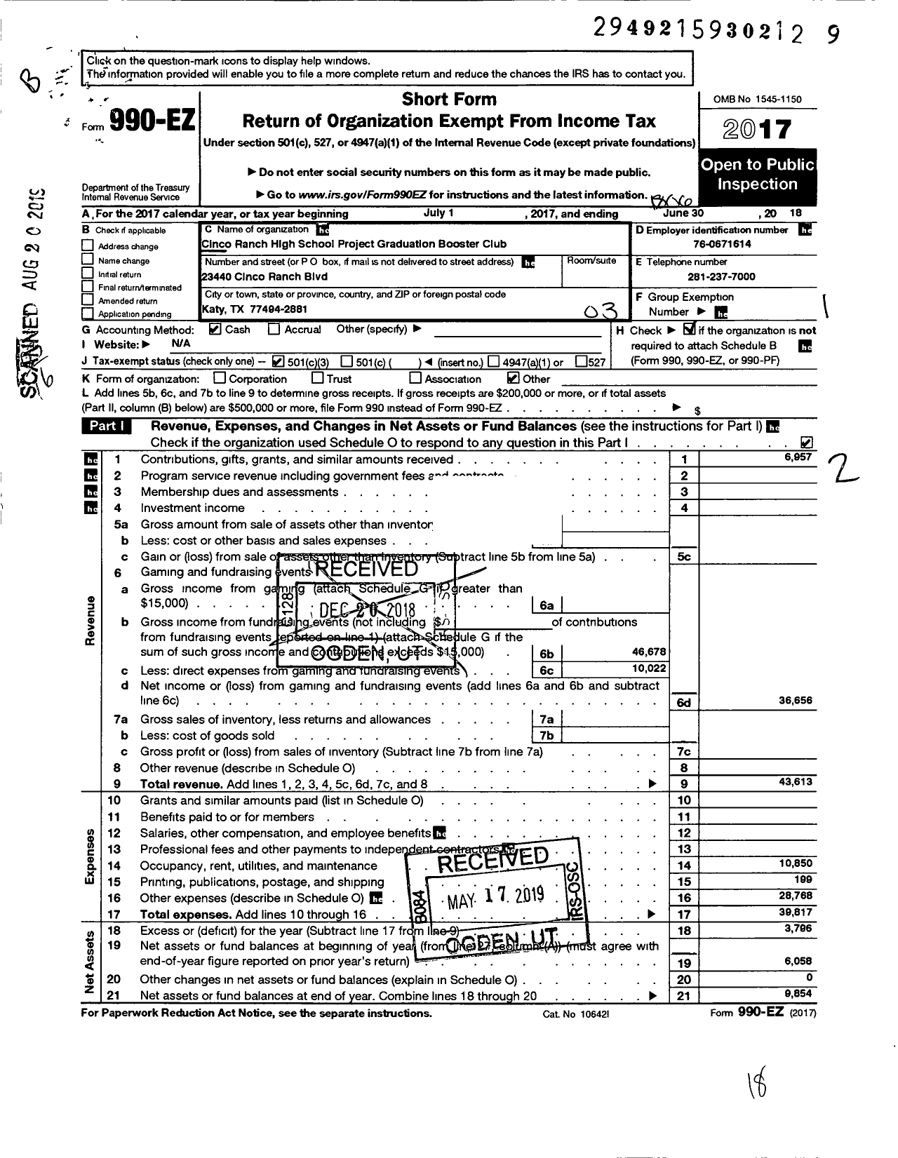 Image of first page of 2017 Form 990EZ for Cinco Ranch High School Project Graduation Booster Club