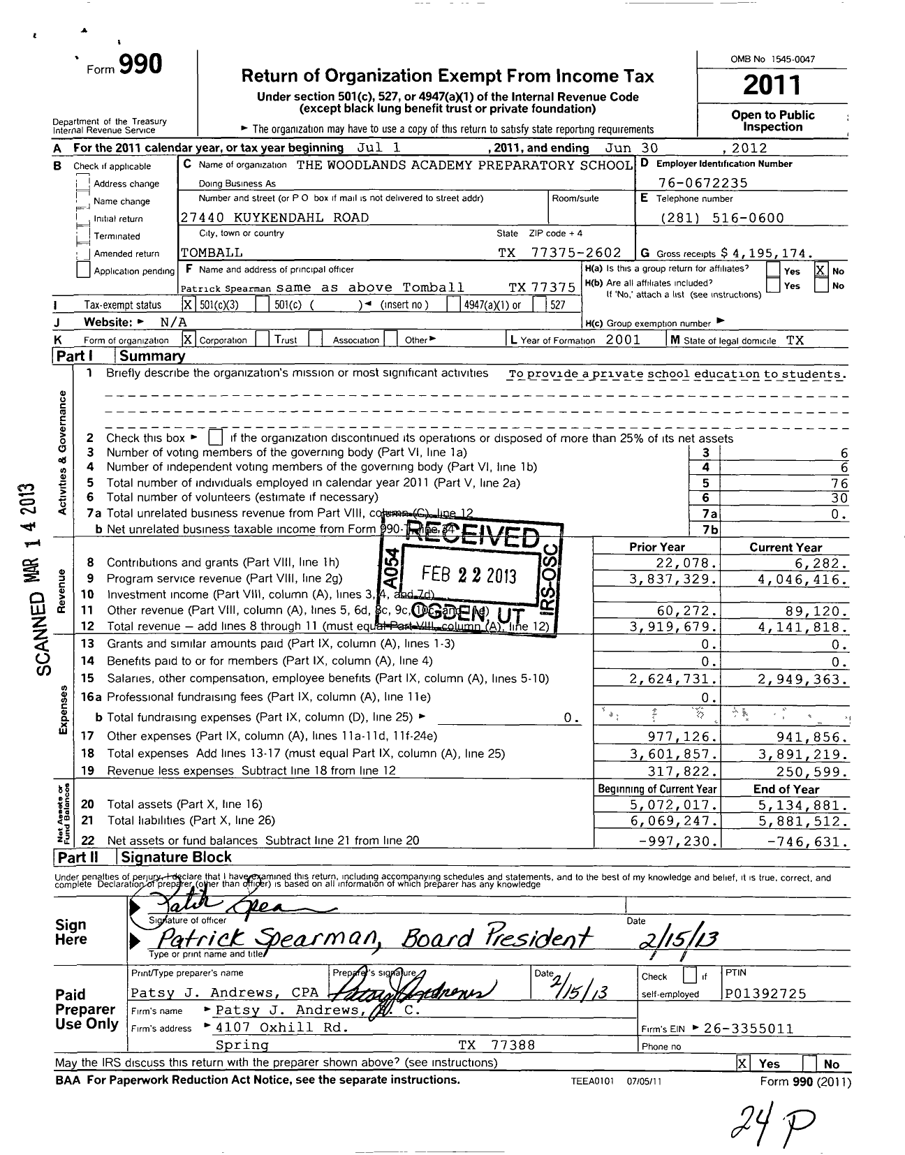 Image of first page of 2011 Form 990 for Woodlands Academy Preparatory School