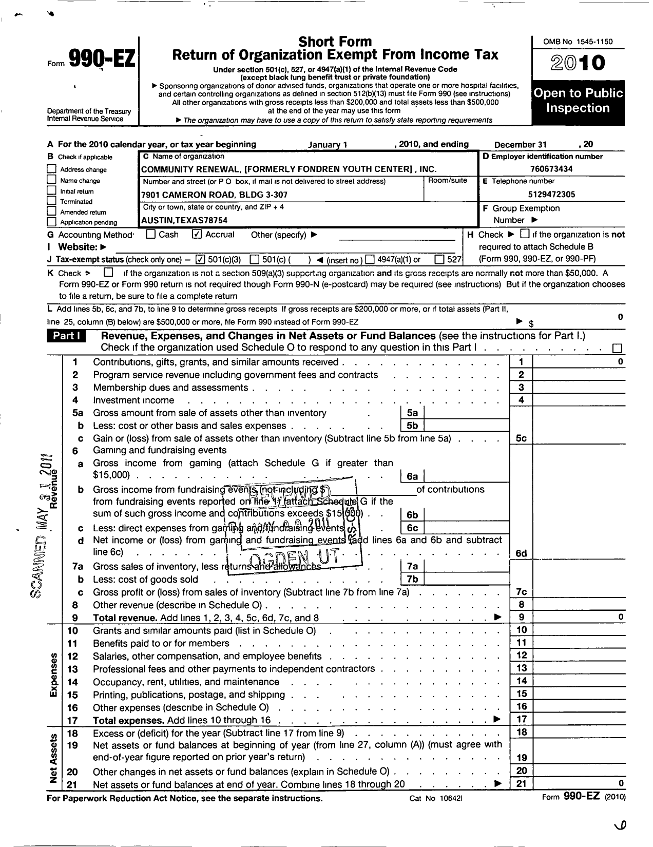 Image of first page of 2010 Form 990EZ for Community Renewal