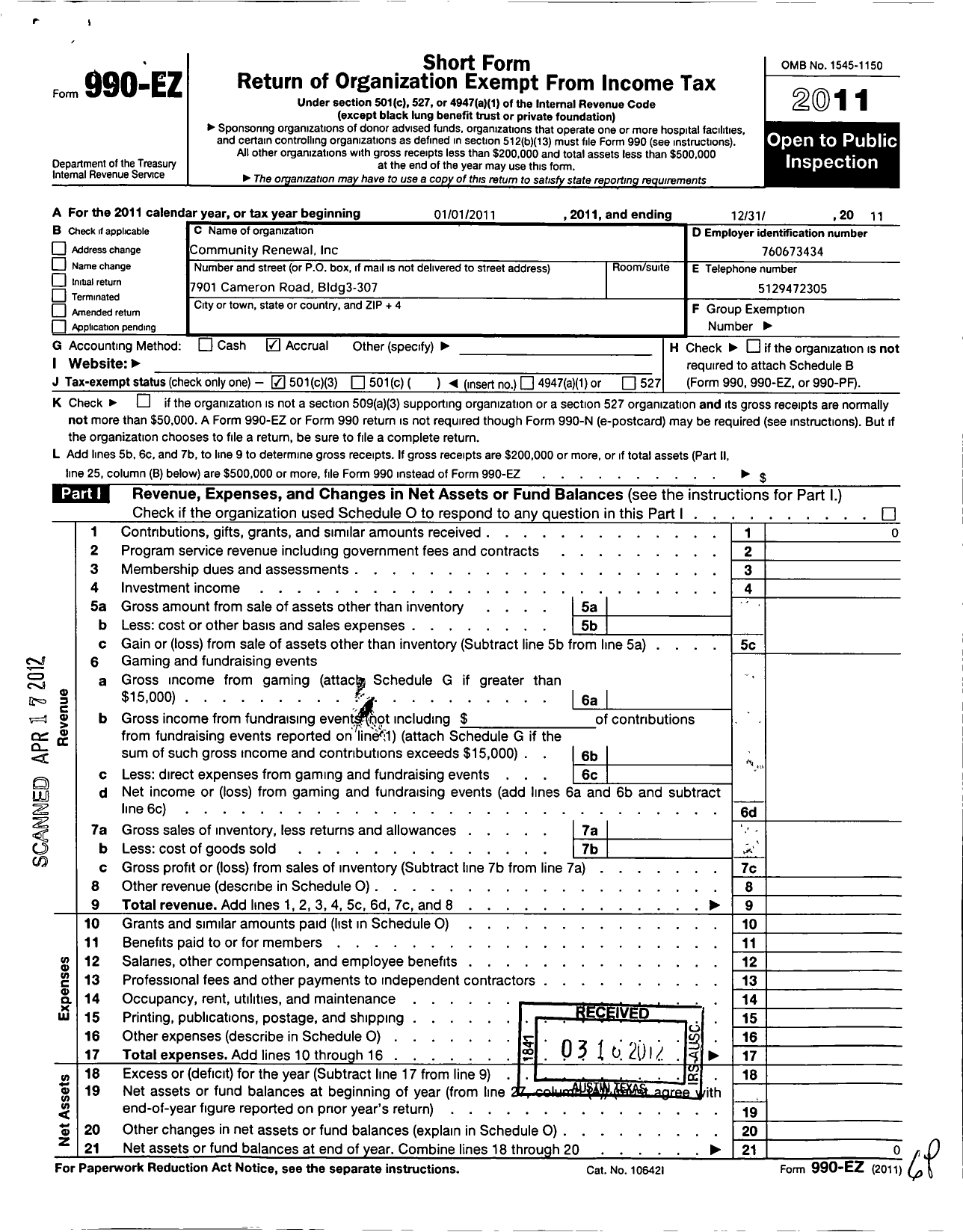 Image of first page of 2011 Form 990EZ for Community Renewal