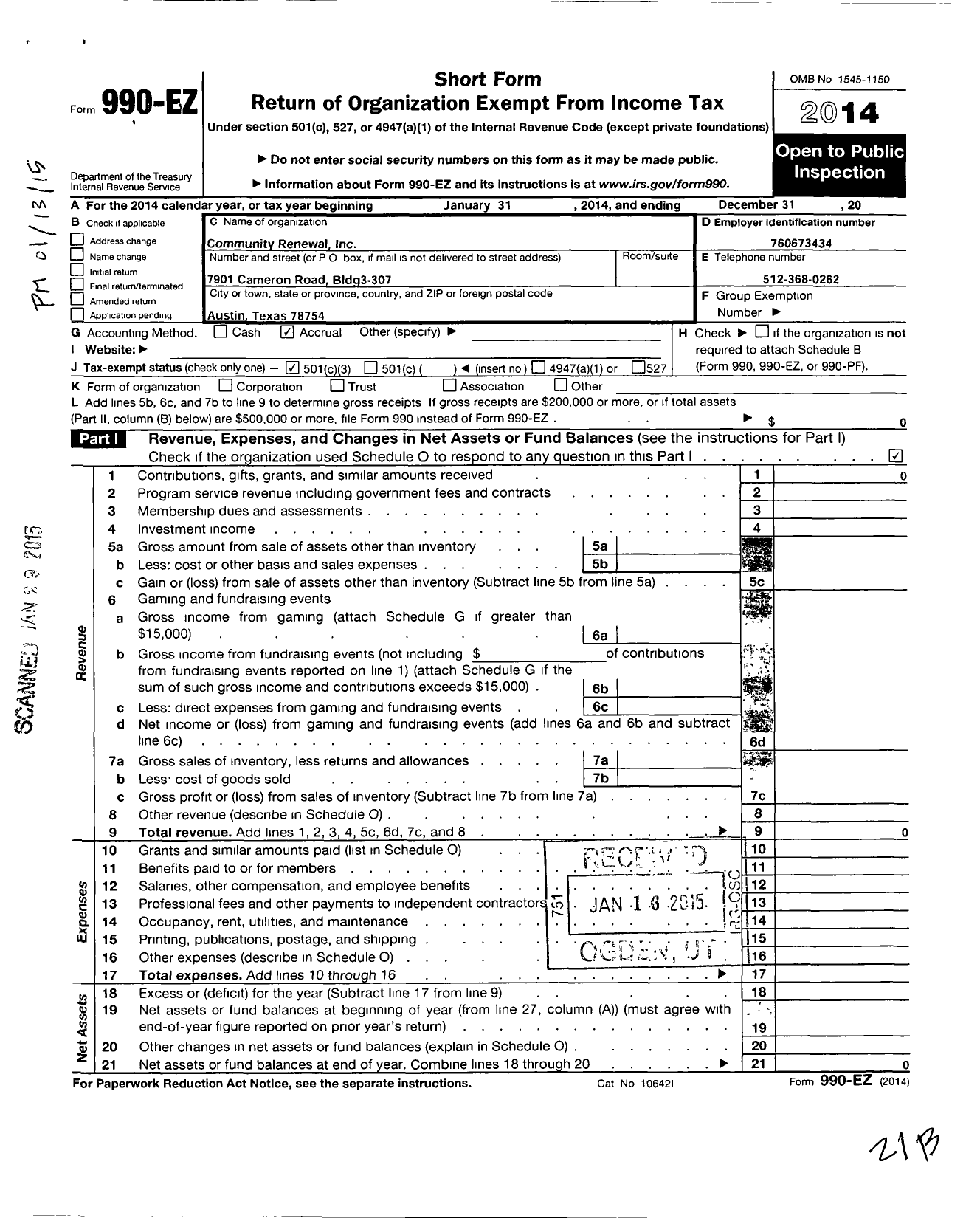 Image of first page of 2014 Form 990EZ for Community Renewal