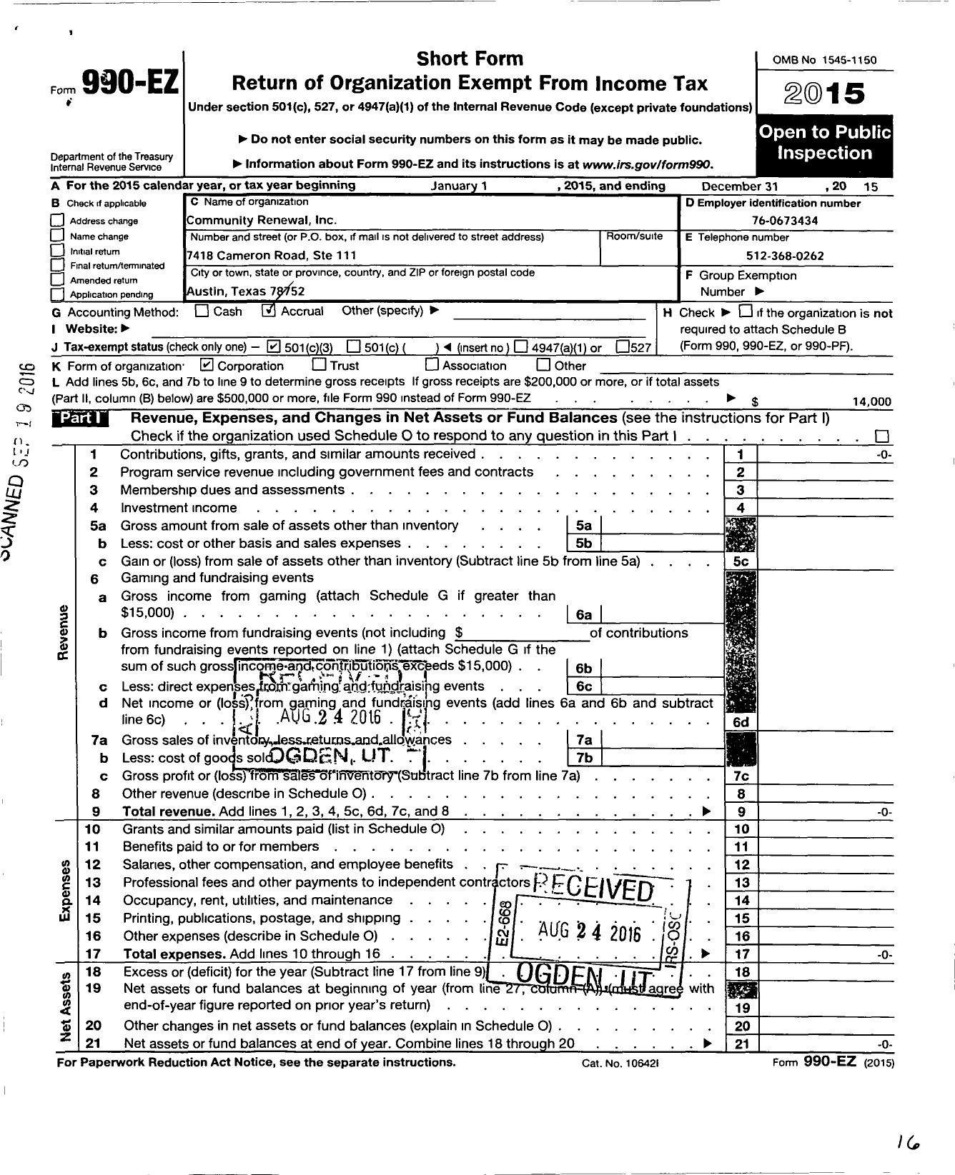 Image of first page of 2015 Form 990EZ for Community Renewal