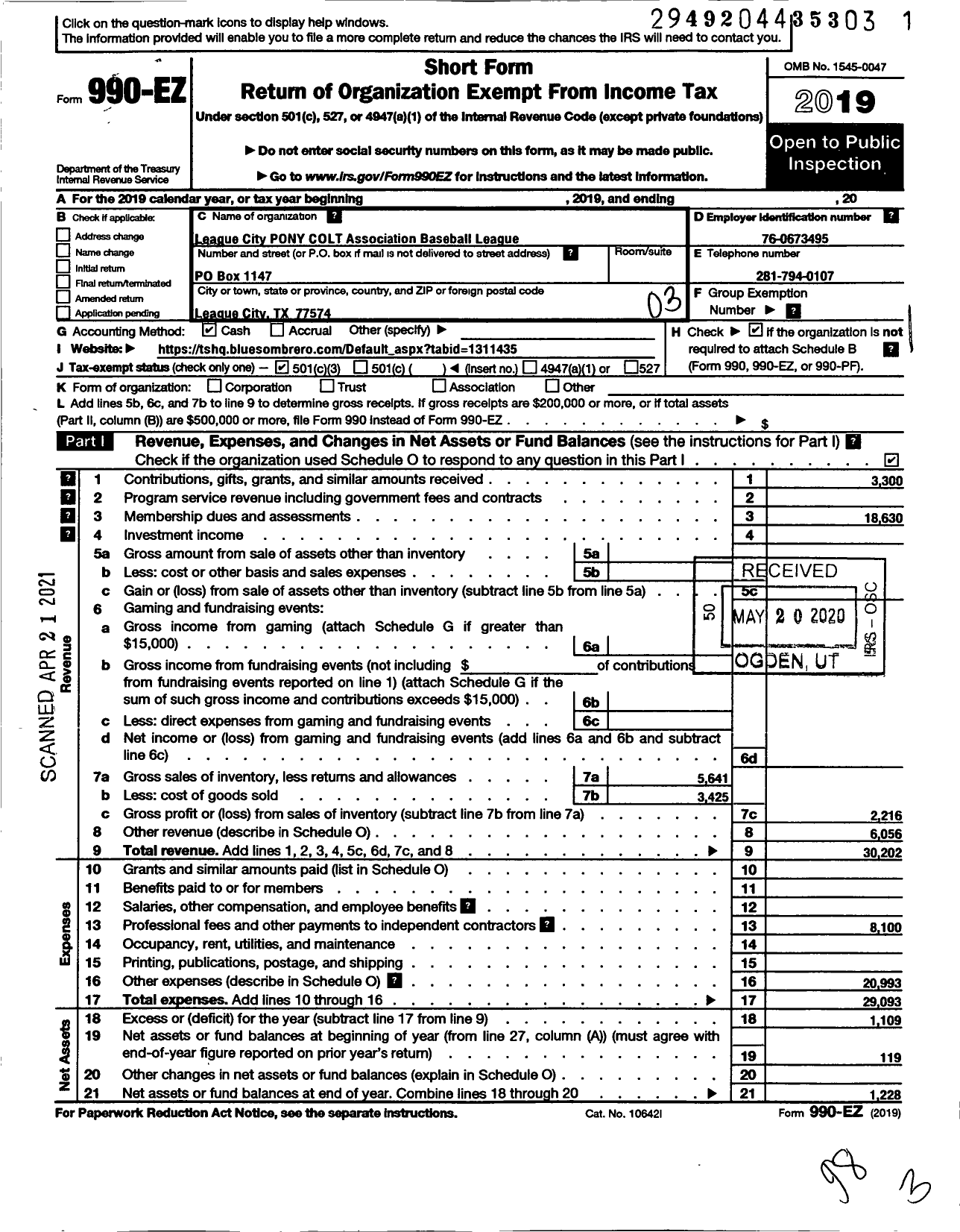 Image of first page of 2019 Form 990EZ for League City Pony Colt Association Baseball League