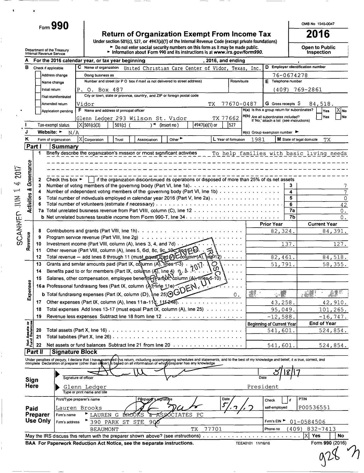 Image of first page of 2016 Form 990 for United Christian Care Center of Vidor Texas