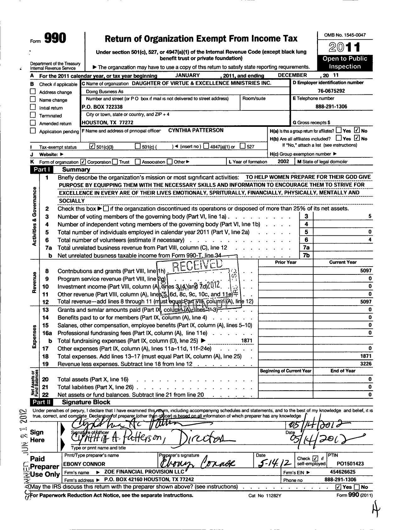 Image of first page of 2011 Form 990 for Daughters of Virtue and Excellence Ministry