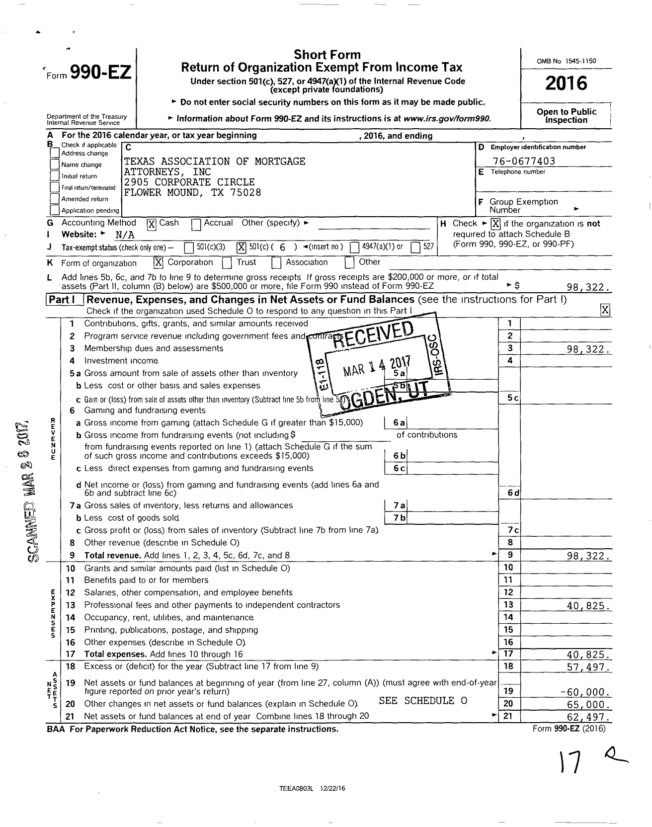 Image of first page of 2016 Form 990EO for Texas Association of Mortgage Attorneys