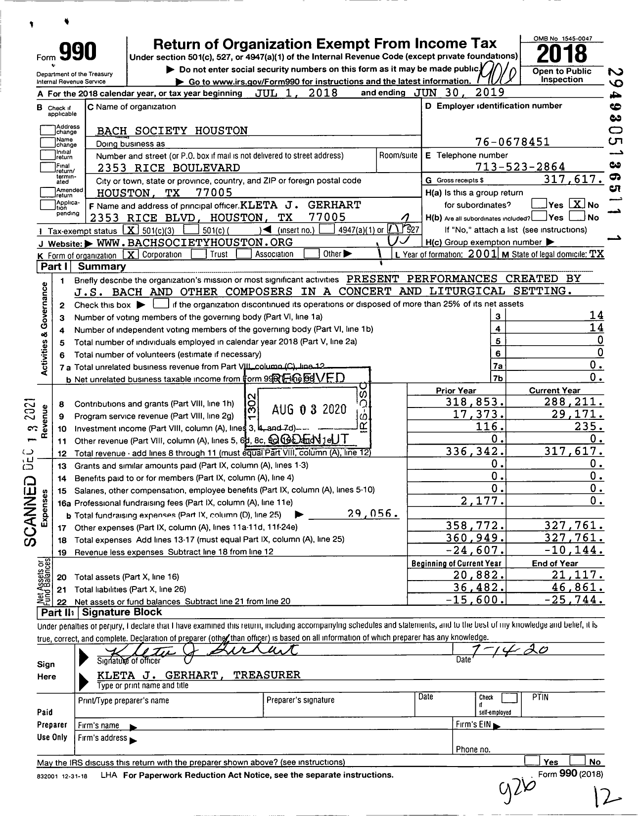 Image of first page of 2018 Form 990 for Bach Society Houston