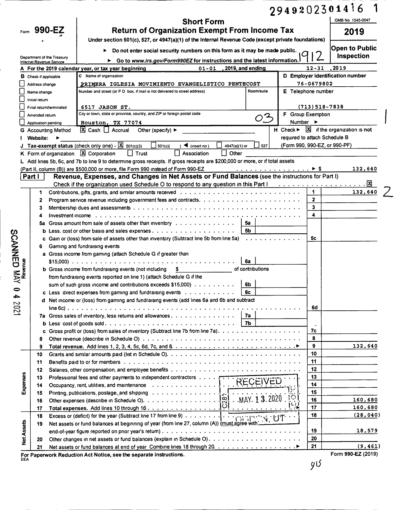 Image of first page of 2019 Form 990EZ for Primera Iglesia Movimiento Evangelistico Pentecost