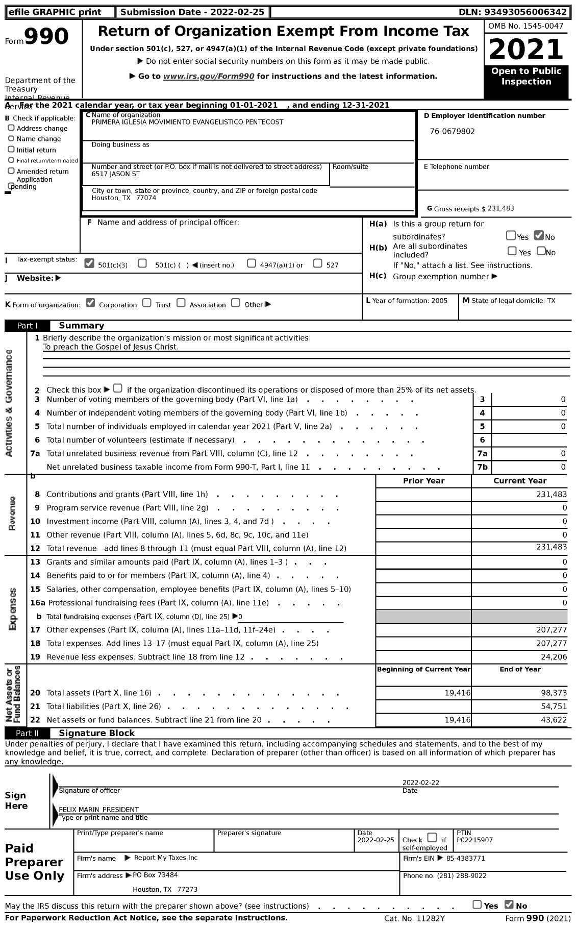 Image of first page of 2021 Form 990 for Primera Iglesia Movimiento Evangelistico Pentecost