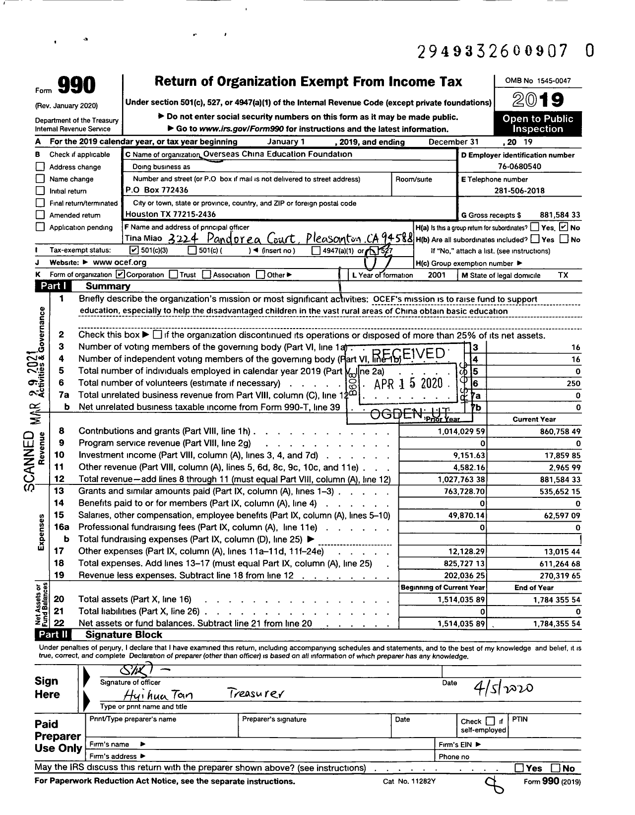 Image of first page of 2019 Form 990 for Overseas China Education Foundation