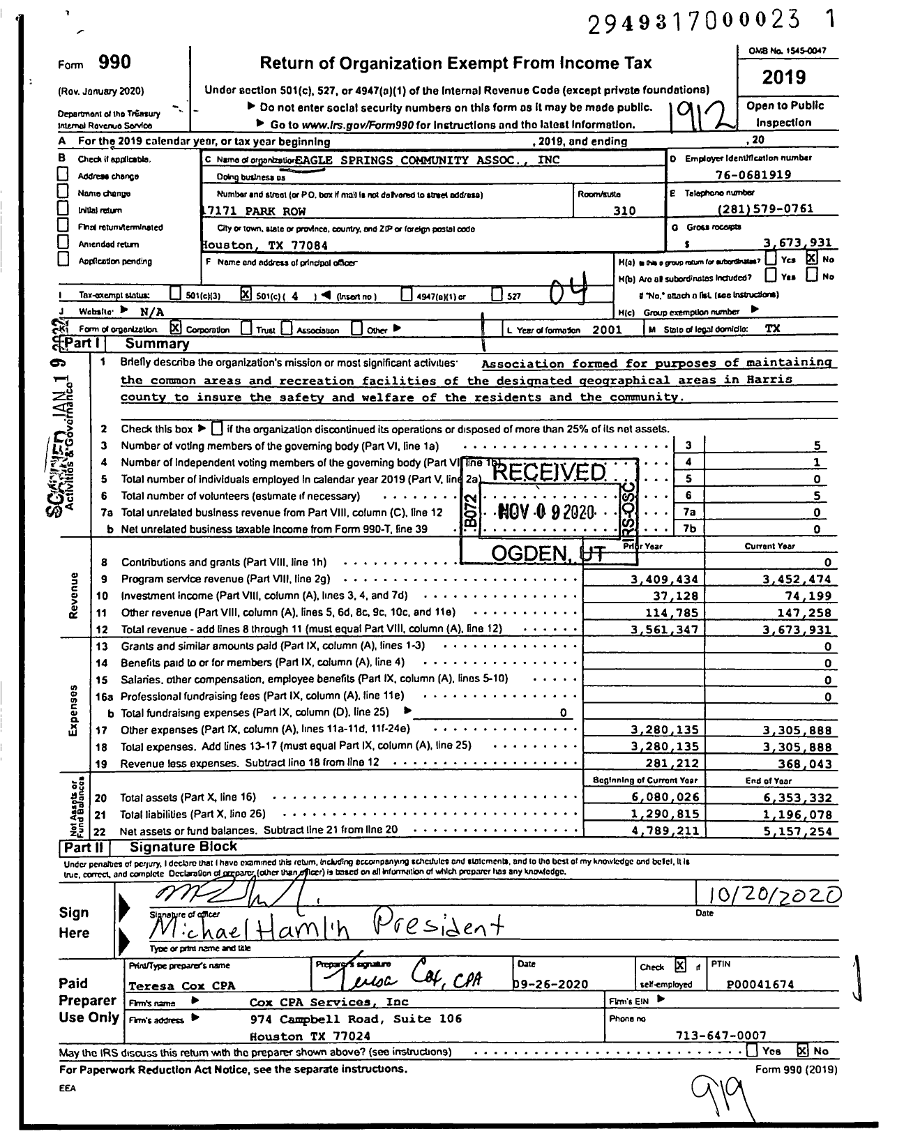 Image of first page of 2019 Form 990O for Eagle Springs Community Association