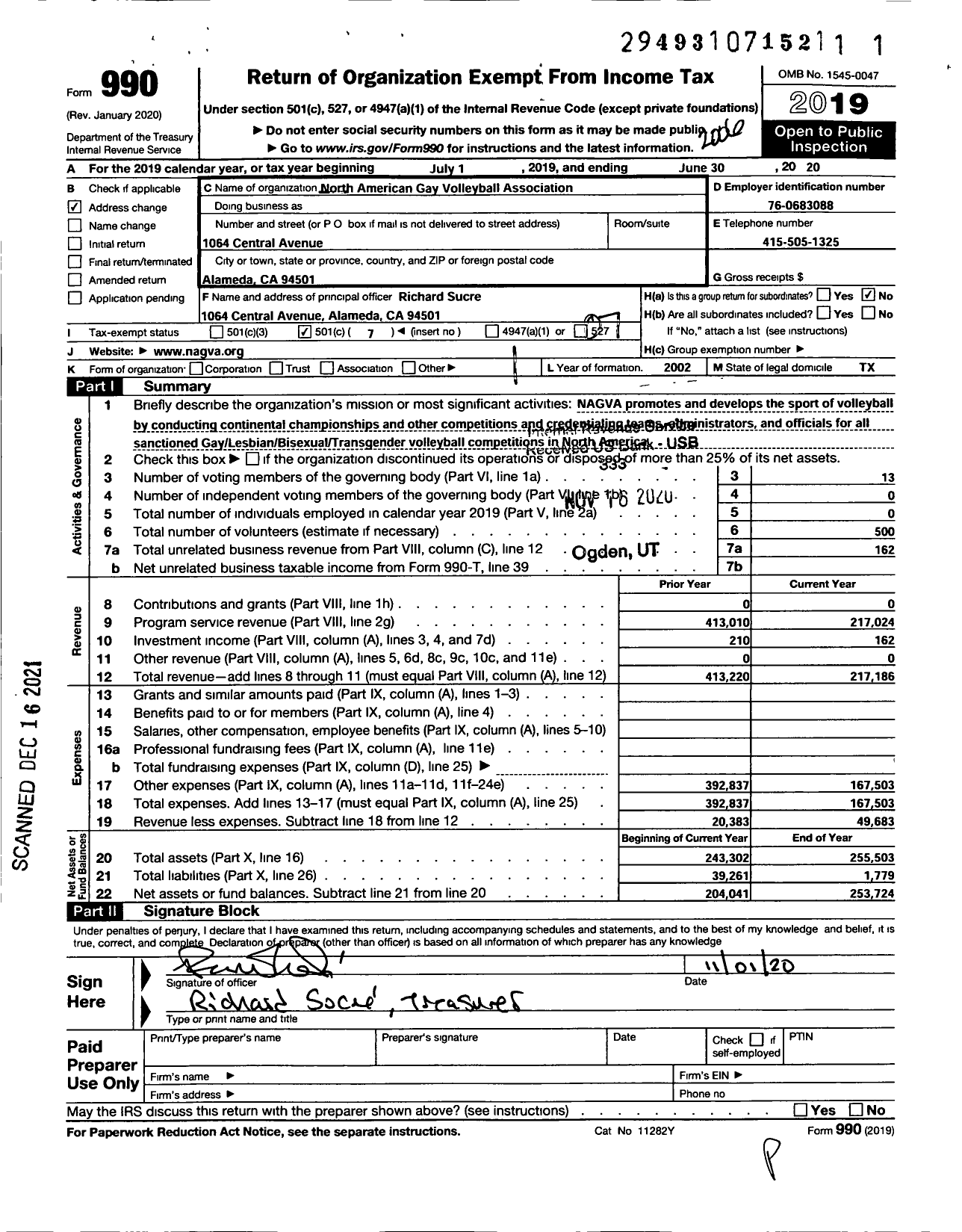 Image of first page of 2019 Form 990O for North American Gay Volleyball Association