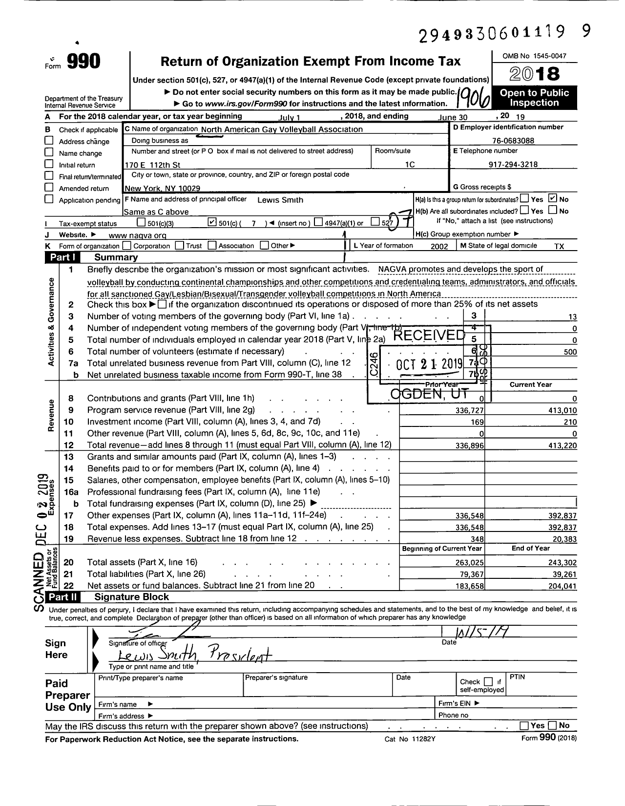 Image of first page of 2018 Form 990O for North American Gay Volleyball Association