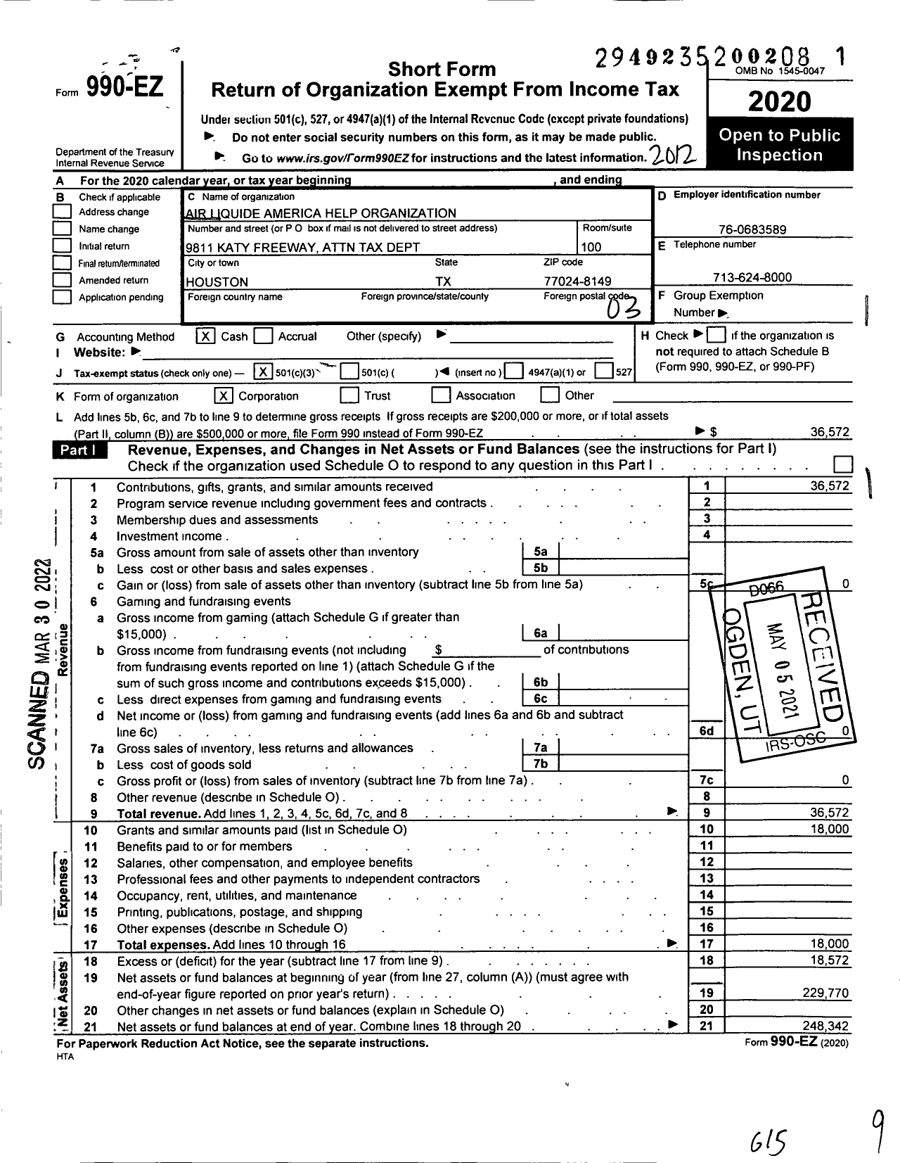 Image of first page of 2020 Form 990EZ for Air Liquide America Help Organization