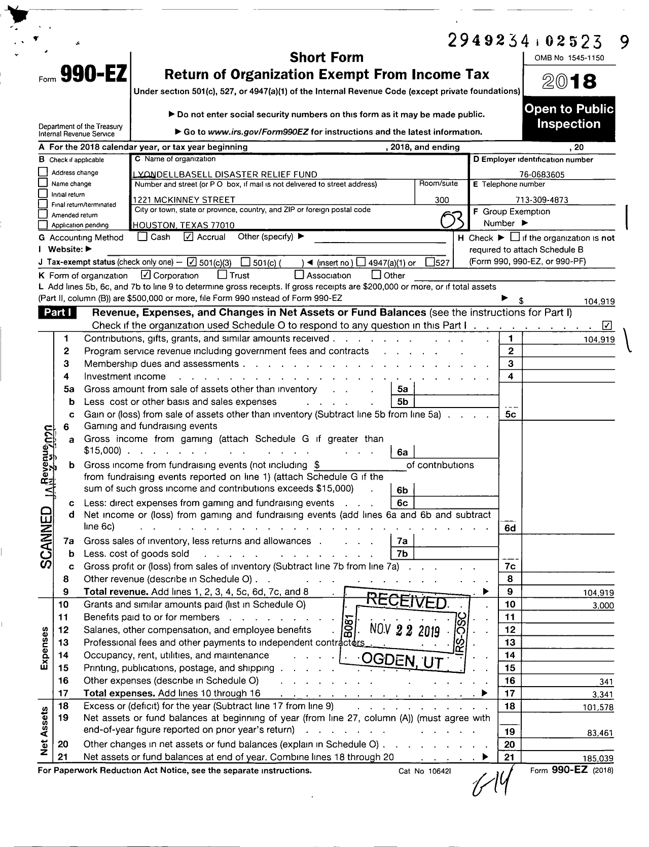 Image of first page of 2018 Form 990EZ for Lyondellbasell Disaster Relief Fund