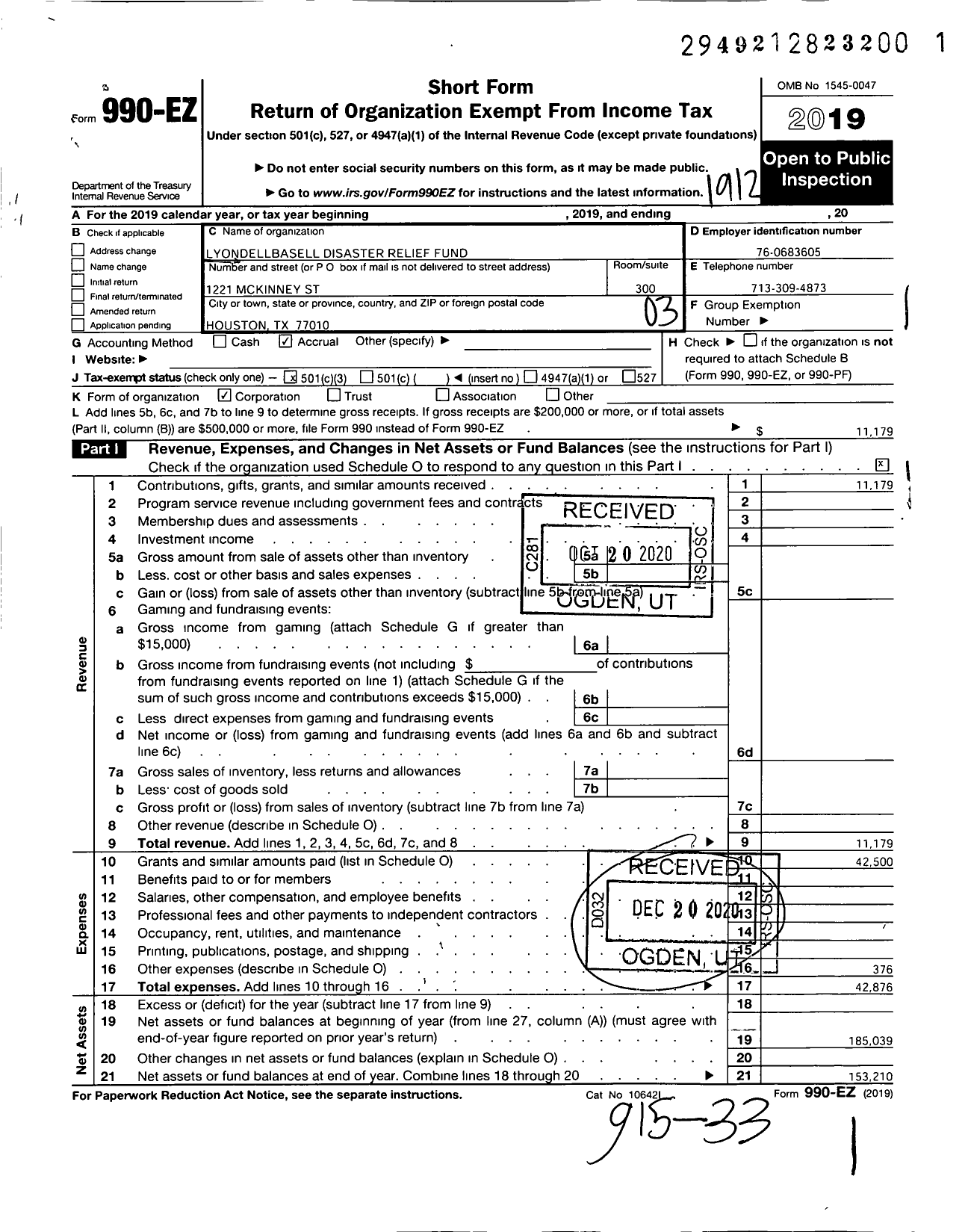 Image of first page of 2019 Form 990EZ for Lyondellbasell Disaster Relief Fund