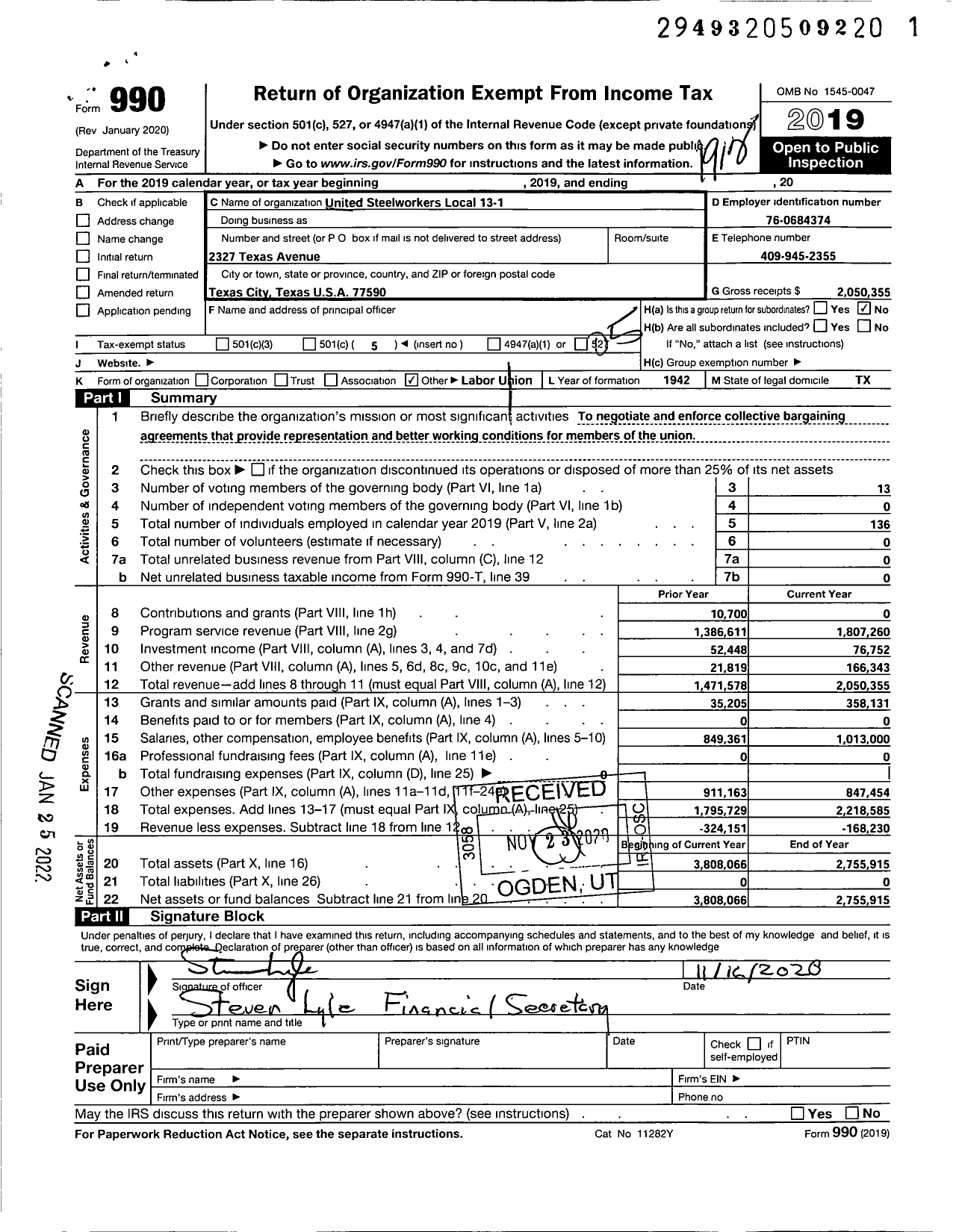 Image of first page of 2019 Form 990O for United Steelworkers - United Steelworkers Local 13-1 (USW 13-1)