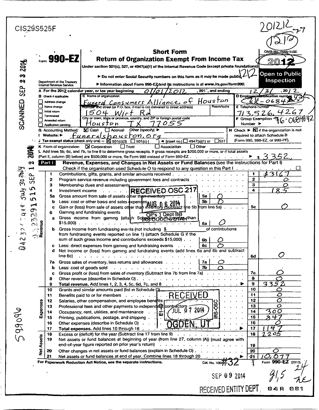 Image of first page of 2012 Form 990EZ for Funeral Consumers Alliance of Houston