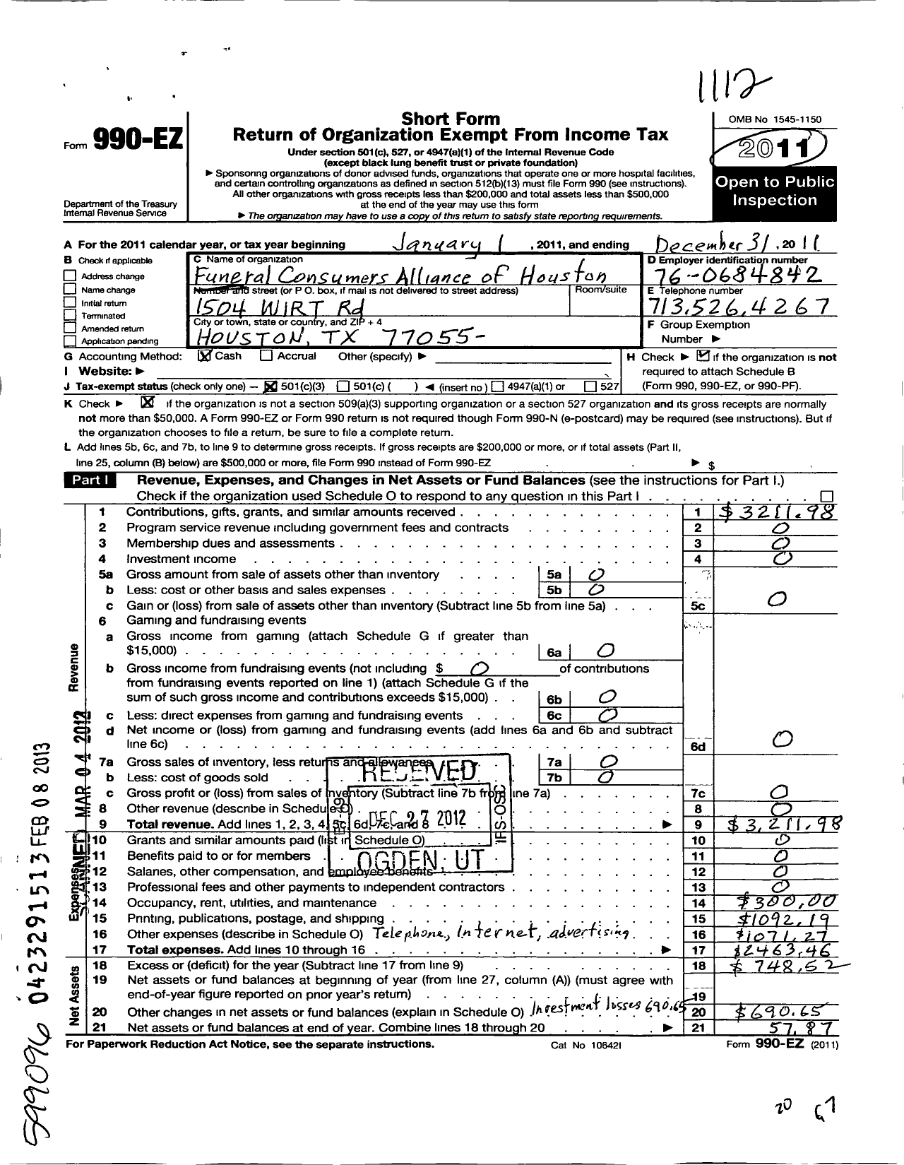 Image of first page of 2011 Form 990EZ for Funeral Consumers Alliance of Houston
