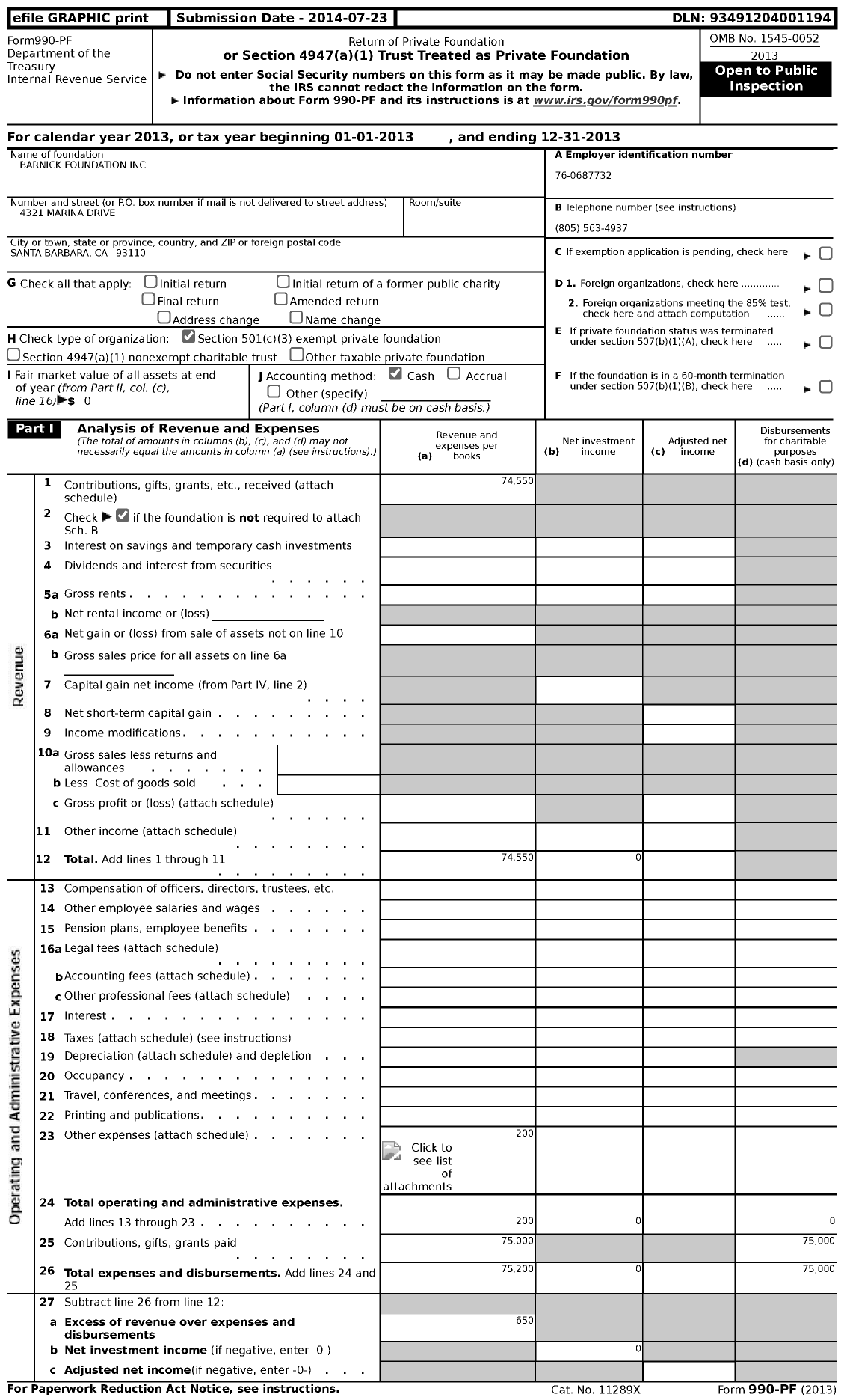 Image of first page of 2013 Form 990PF for Barnick Foundation