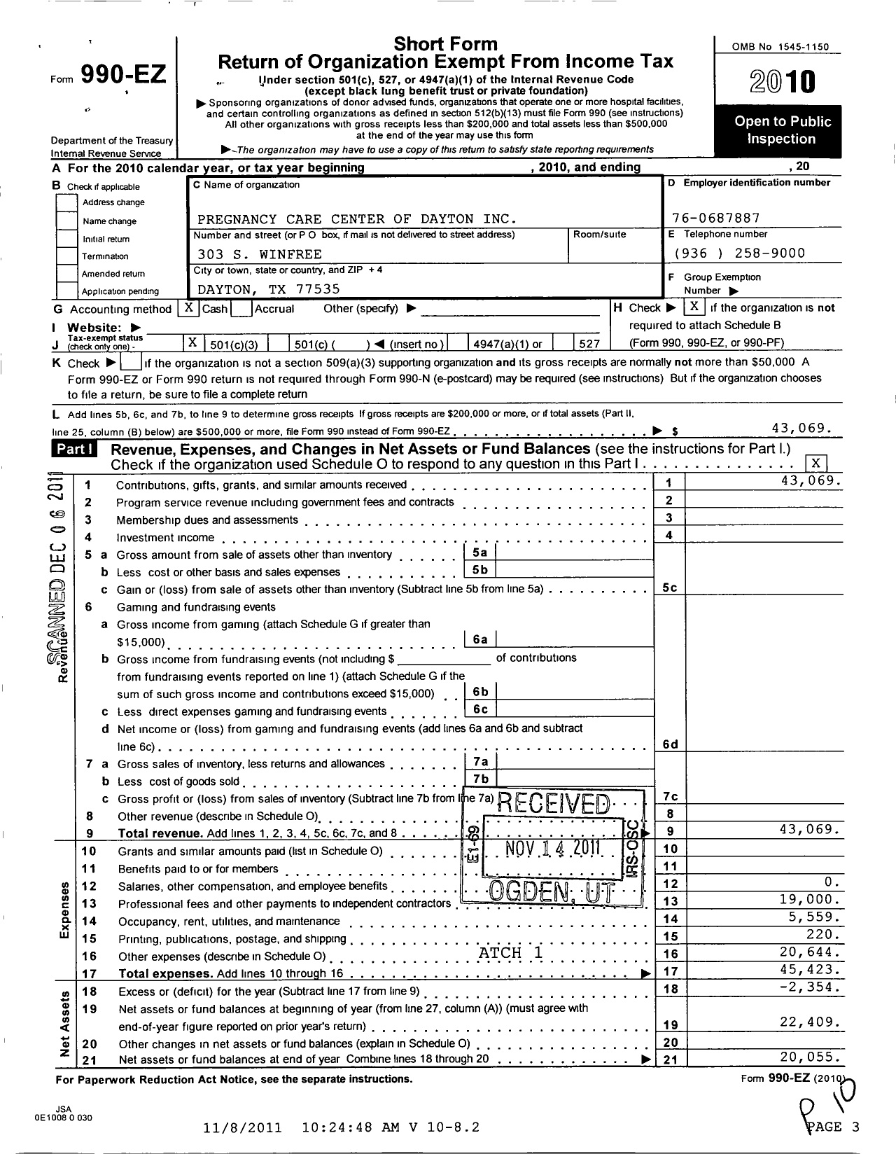 Image of first page of 2010 Form 990EZ for Pregnancy Care Center of Dayton