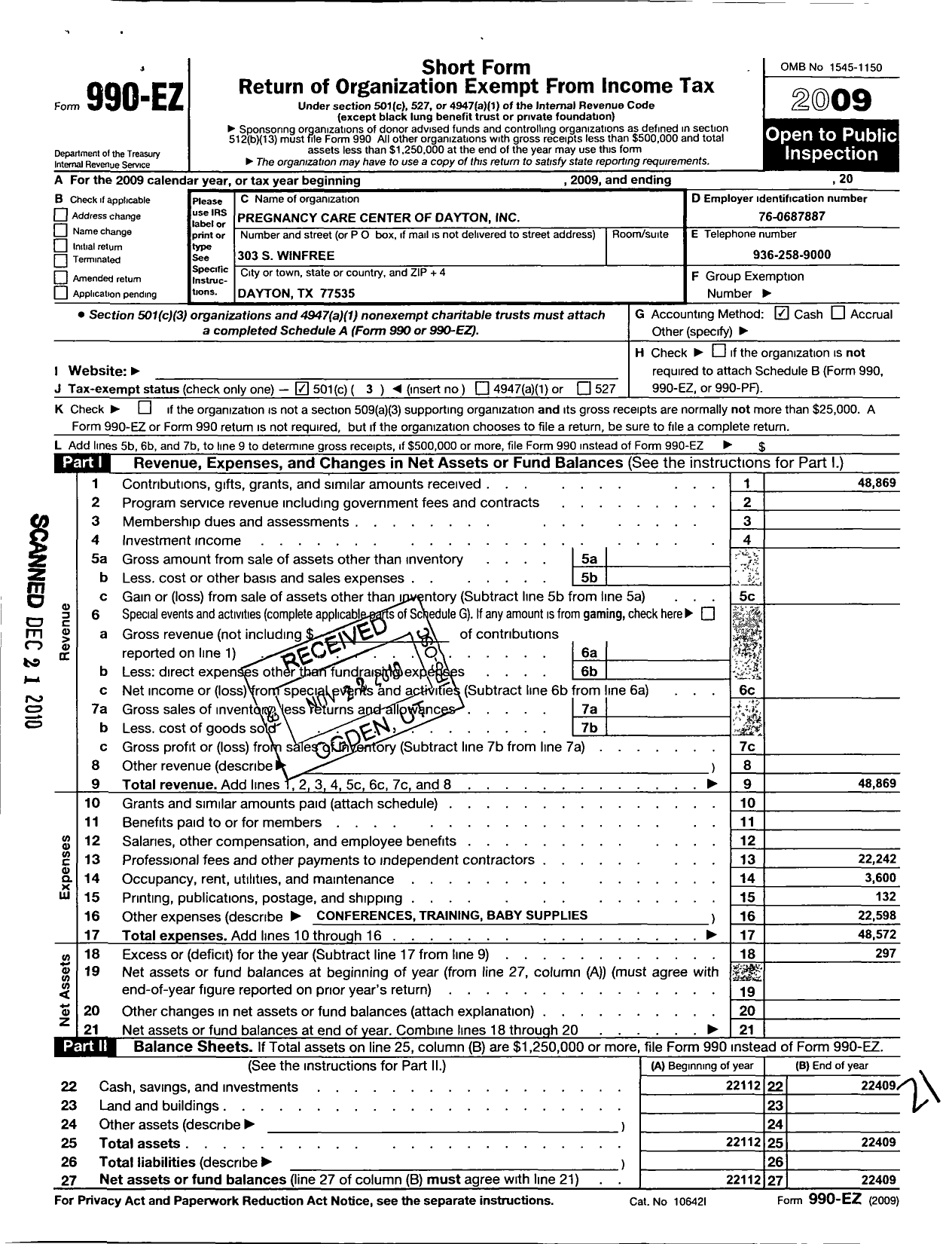 Image of first page of 2009 Form 990EZ for Pregnancy Care Center of Dayton