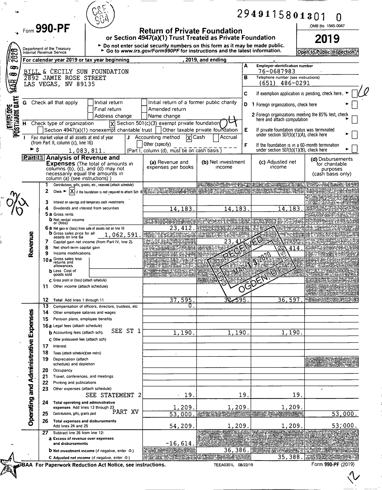 Image of first page of 2019 Form 990PR for Bill and Cecily Sun Foundation