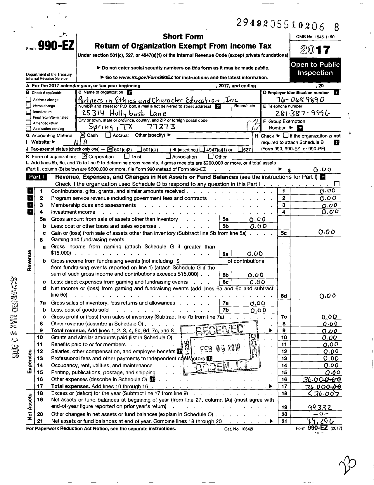 Image of first page of 2017 Form 990EZ for Partners in Ethics and Character Education