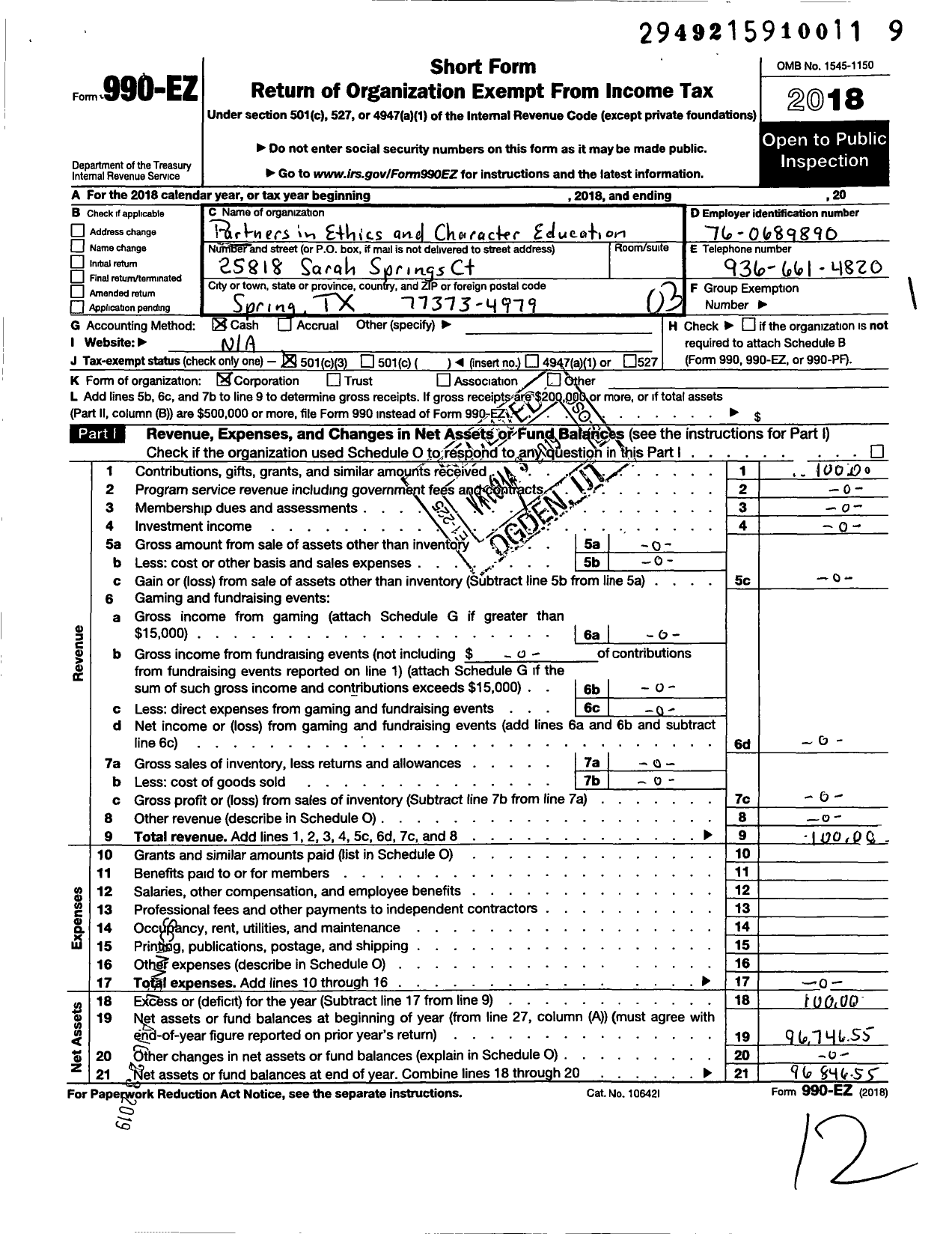 Image of first page of 2018 Form 990EZ for Partners in Ethics and Character Education