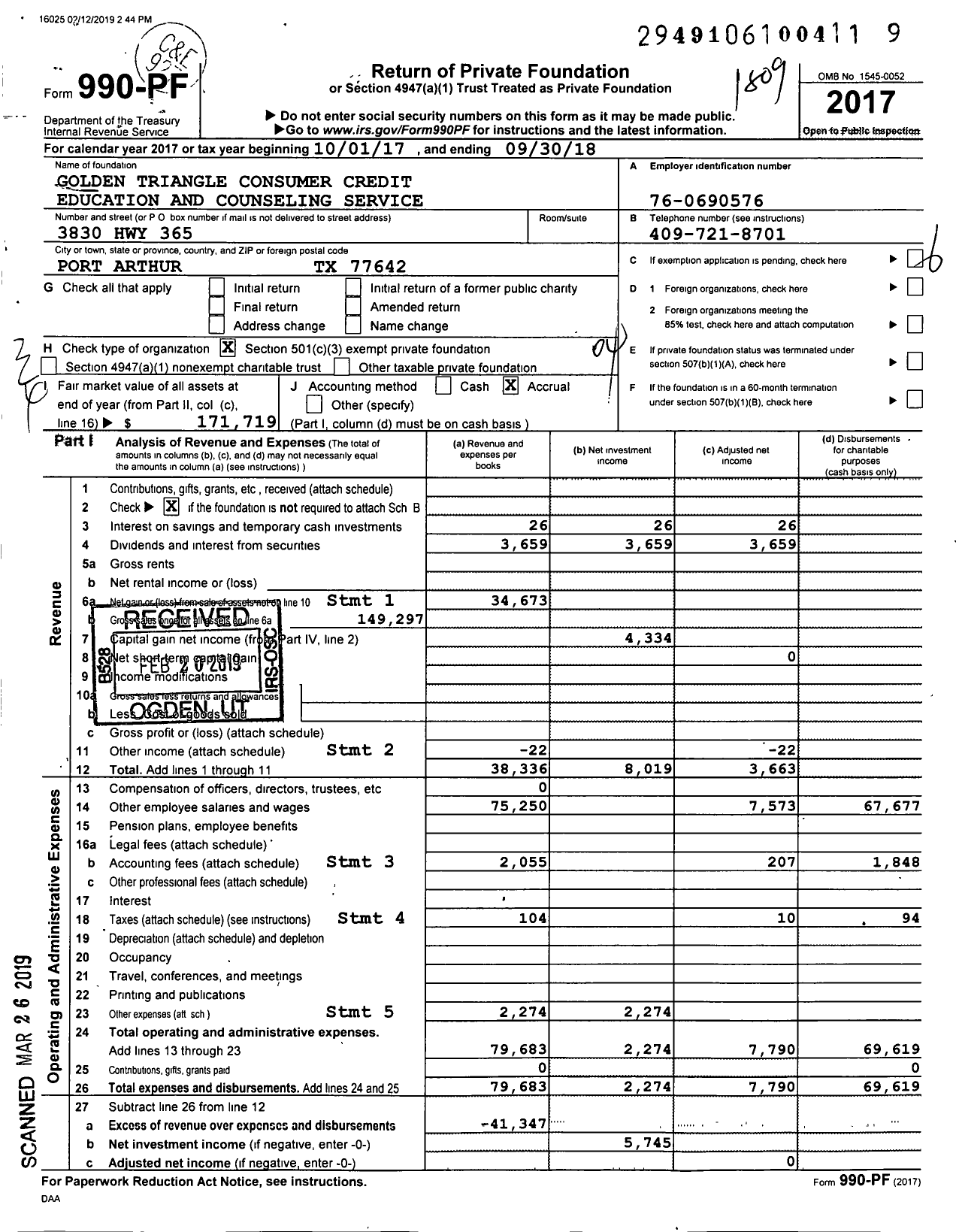 Image of first page of 2017 Form 990PF for Golden Triangle Consumer Credit Education and Counseling Service