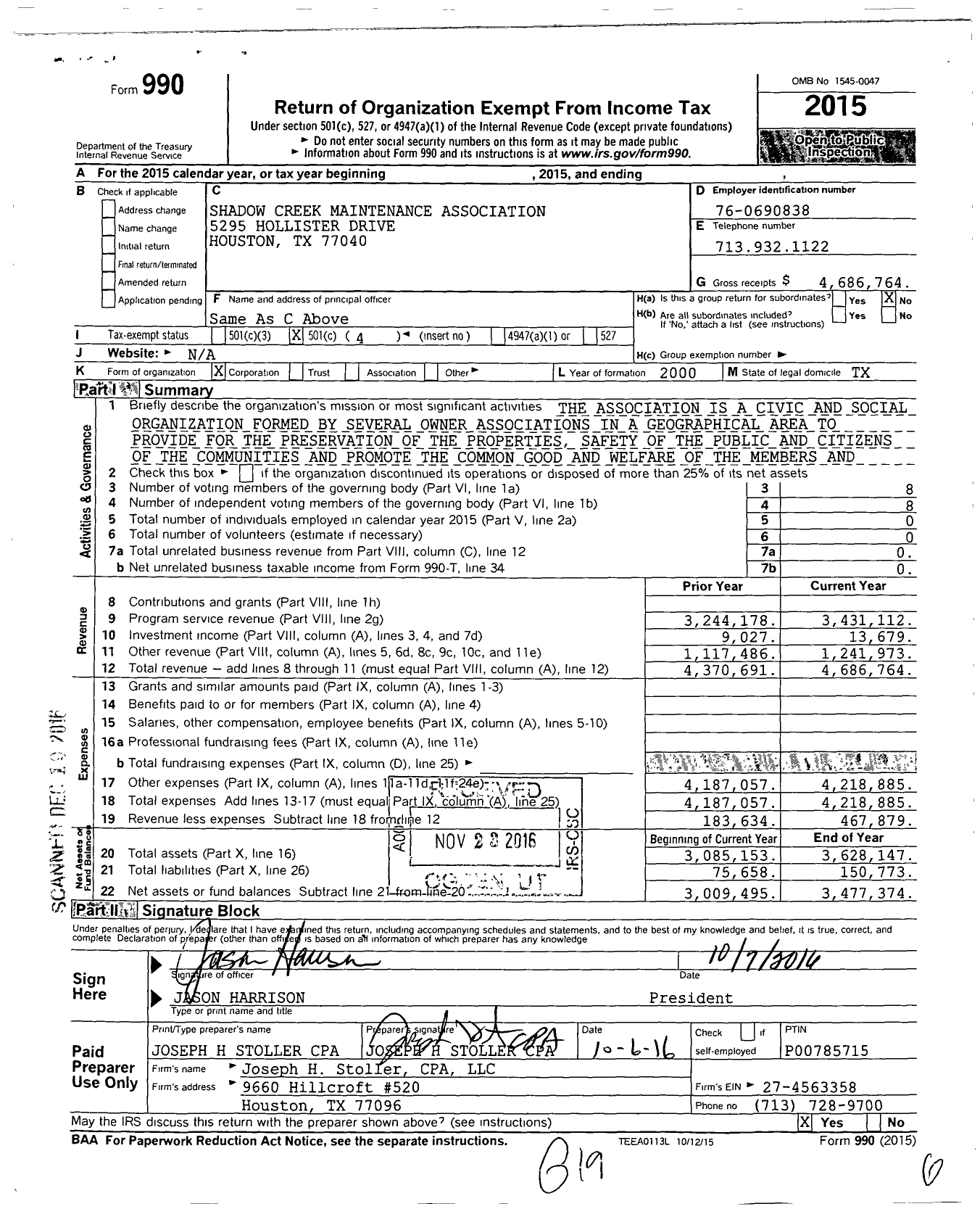Image of first page of 2015 Form 990O for Shadow Creek Ranch Maintenance Association Co Firstservice Res