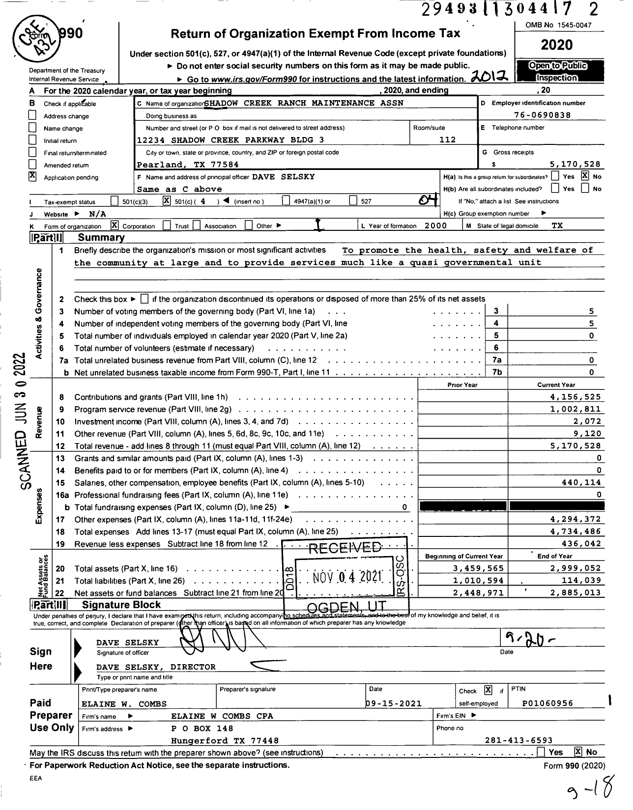 Image of first page of 2020 Form 990O for Shadow Creek Ranch Maintenance Association Co Firstservice Res