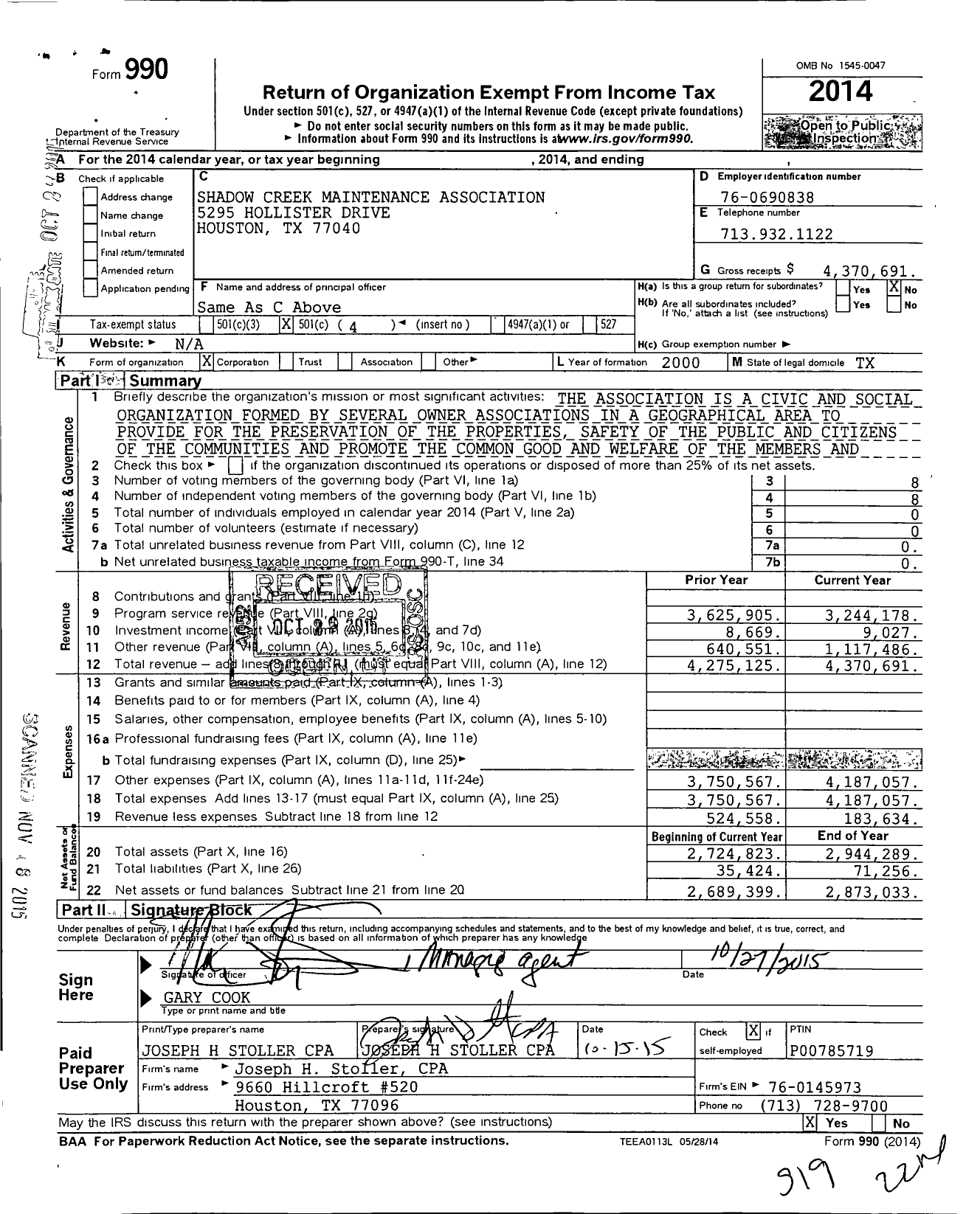 Image of first page of 2014 Form 990O for Shadow Creek Ranch Maintenance Association Co Firstservice Res