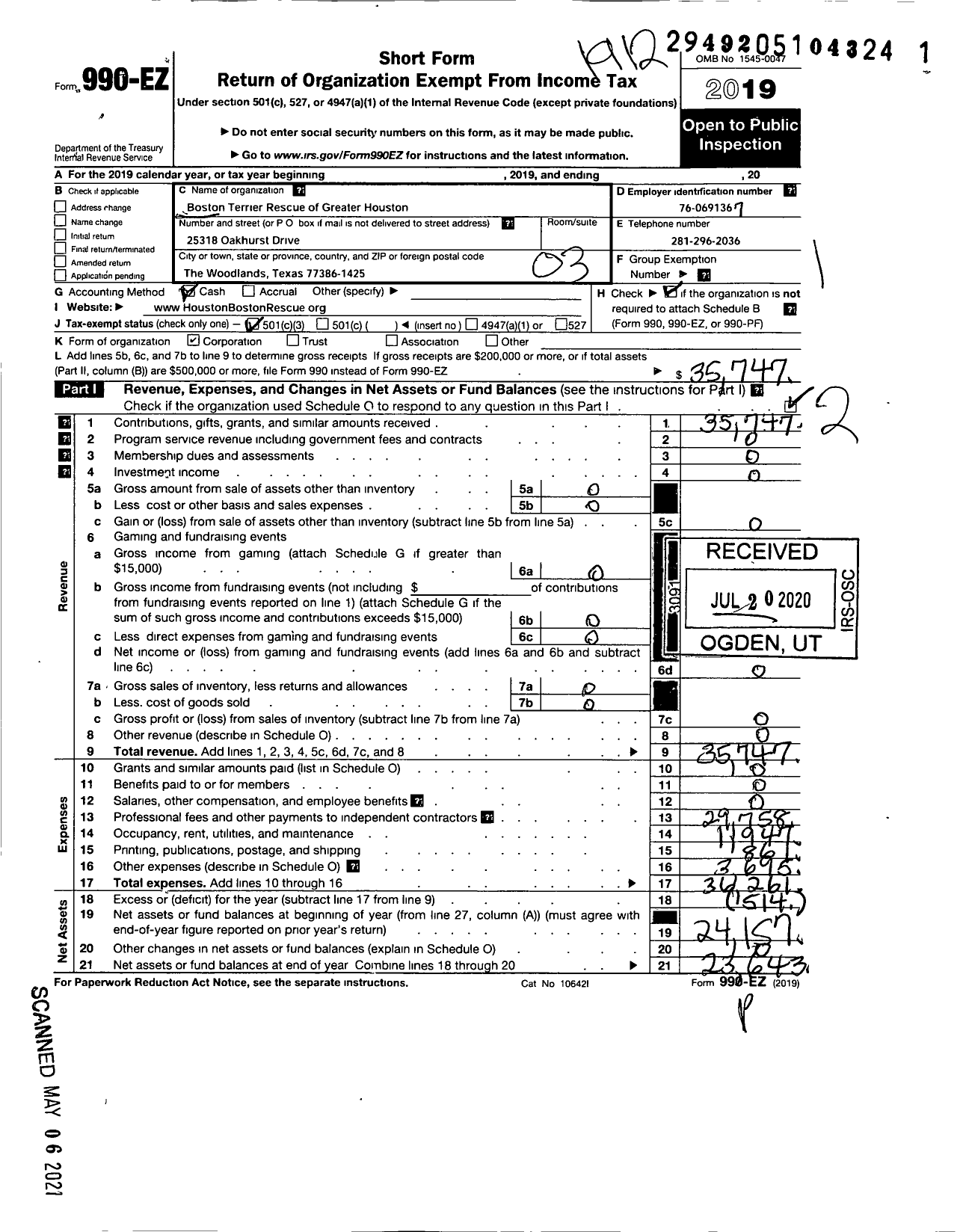 Image of first page of 2019 Form 990EZ for Boston Terrier Rescue of Greater Houston