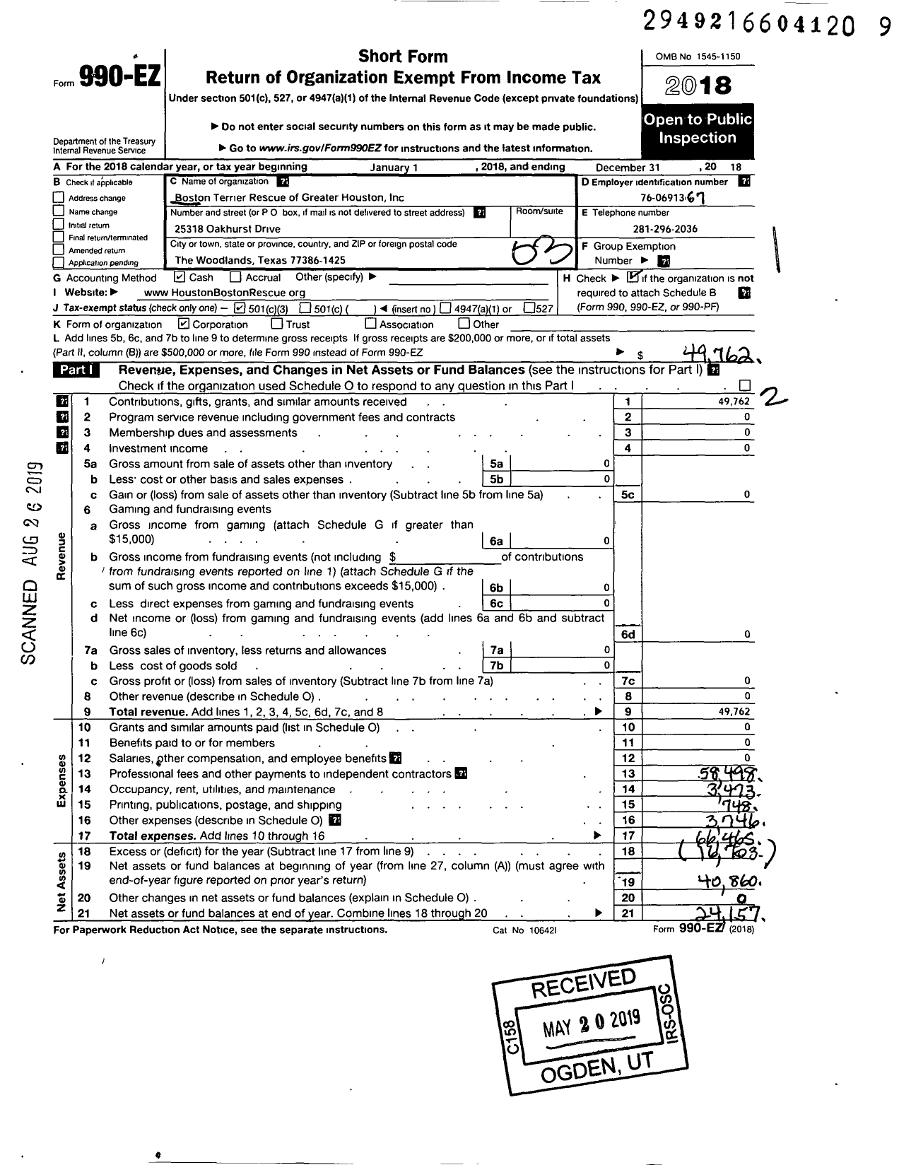 Image of first page of 2018 Form 990EZ for Boston Terrier Rescue of Greater Houston