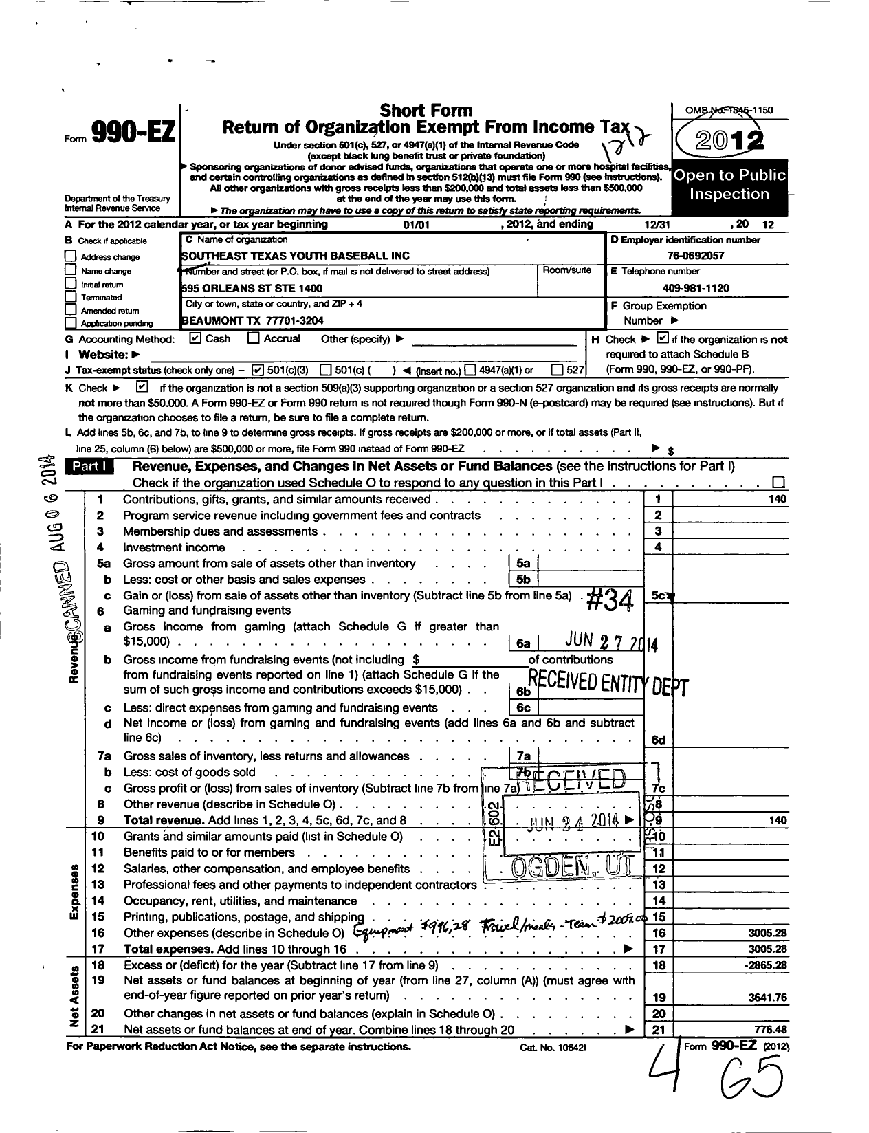 Image of first page of 2012 Form 990EZ for Southeast Texas Youth Baseball