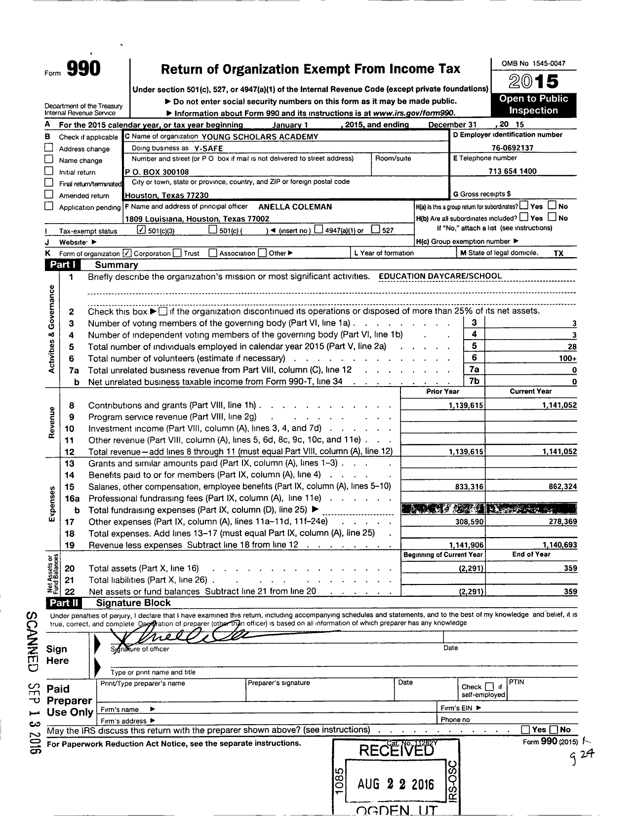 Image of first page of 2015 Form 990 for Young Shcolars Academy