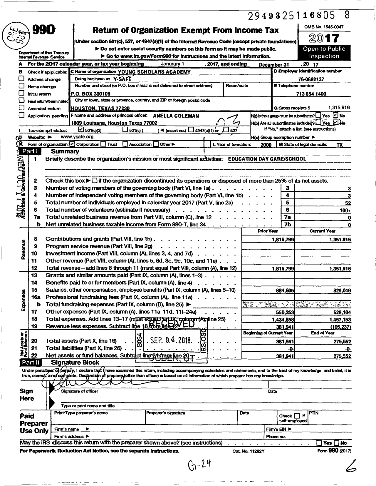 Image of first page of 2017 Form 990 for Young Shcolars Academy