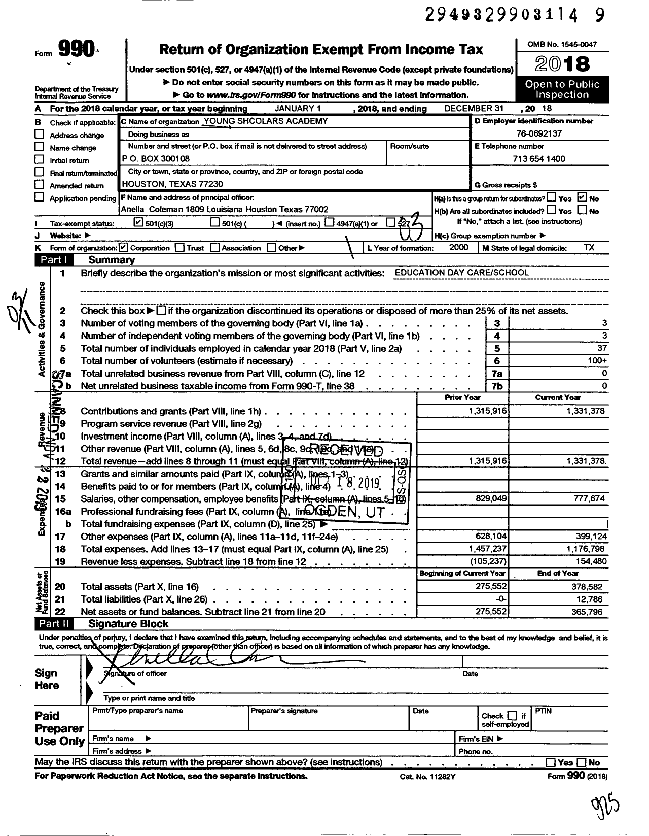 Image of first page of 2018 Form 990 for Young Shcolars Academy