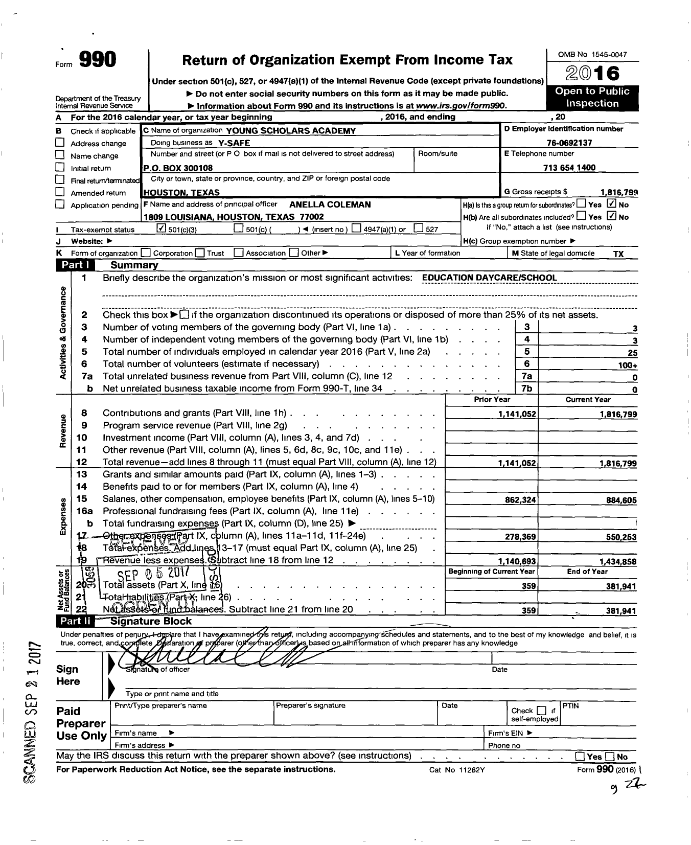 Image of first page of 2016 Form 990 for Young Shcolars Academy