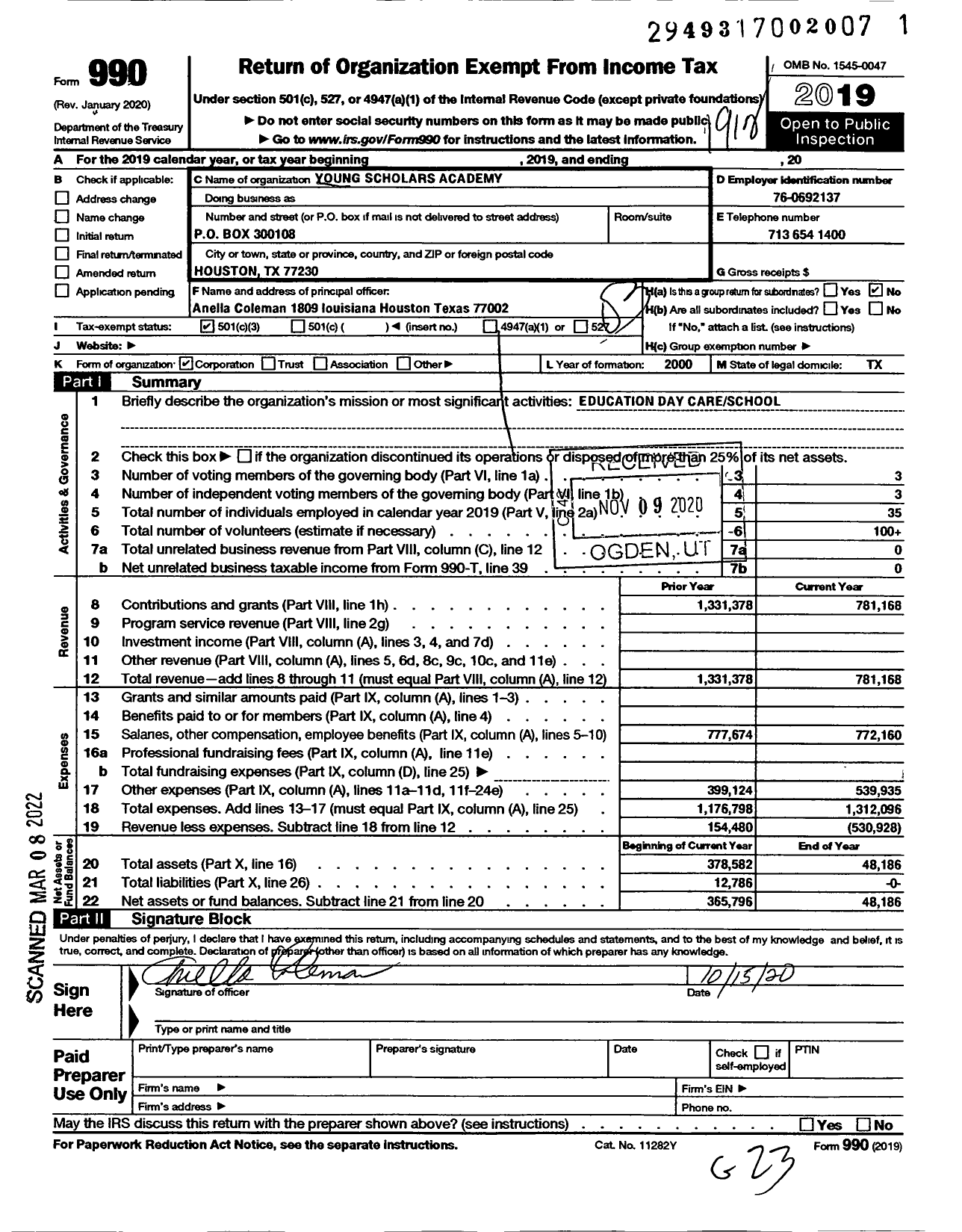 Image of first page of 2019 Form 990 for Young Scholars Academy