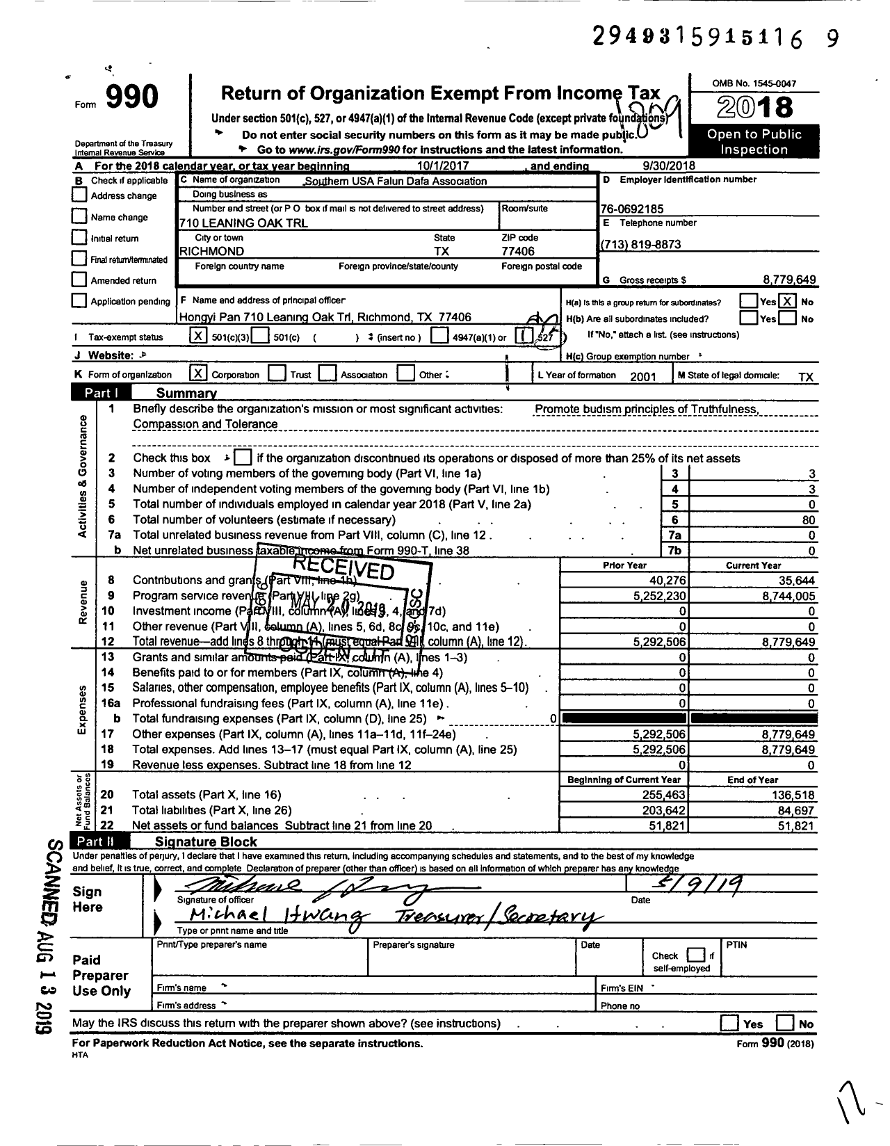 Image of first page of 2017 Form 990 for Southern USA Falun Dafa Association