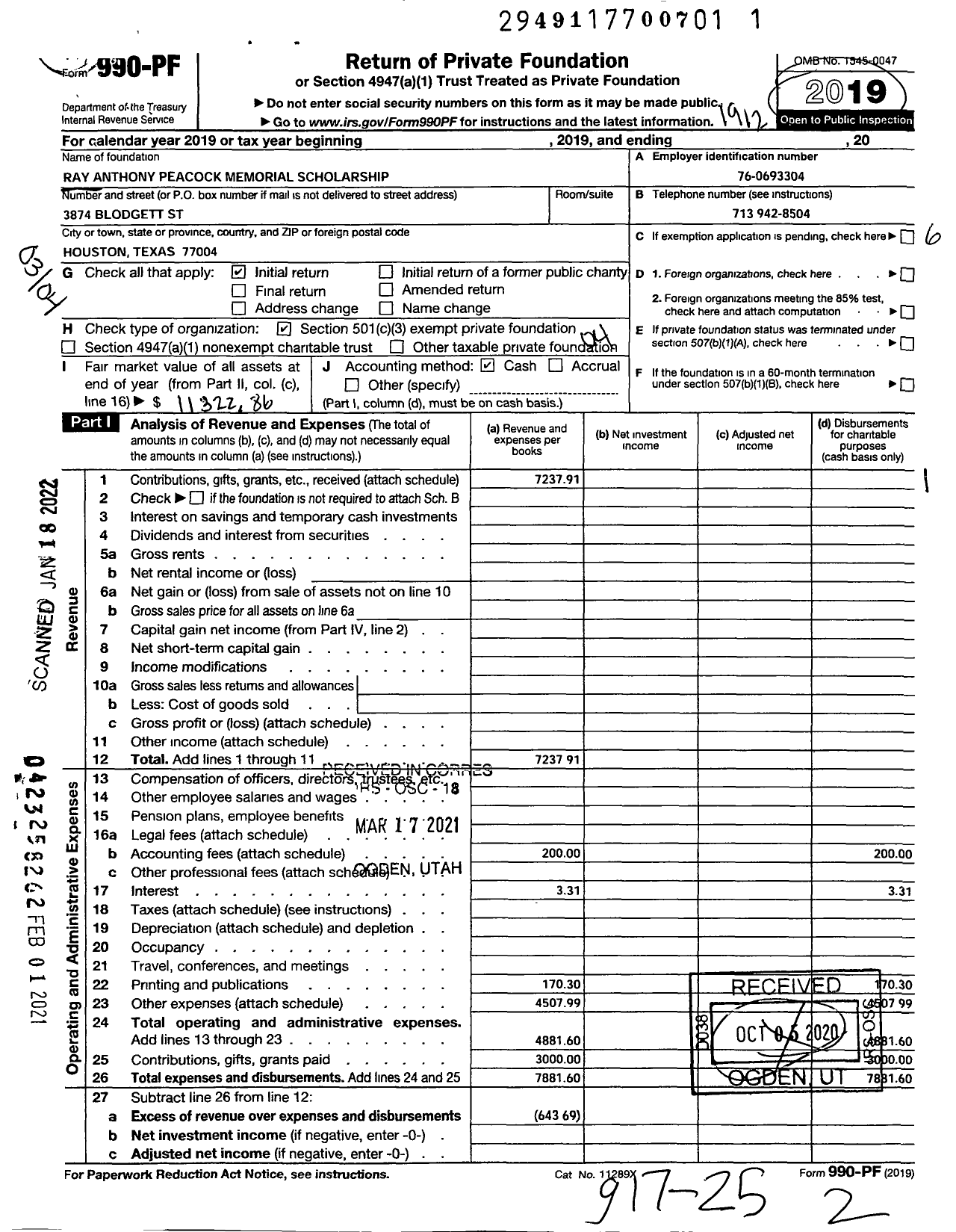 Image of first page of 2019 Form 990PF for Ray Anthony Peacock Foundation