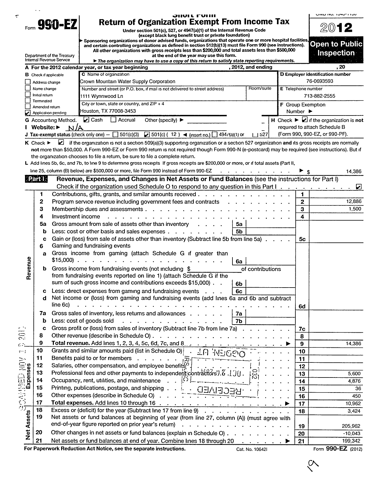 Image of first page of 2012 Form 990EO for Crown Mountain Water Supply Corporation