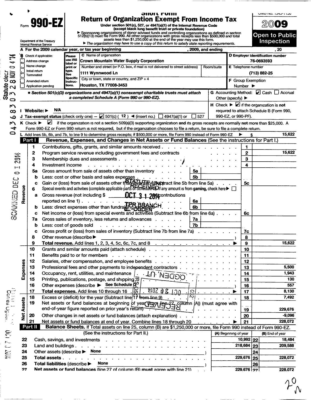 Image of first page of 2009 Form 990EO for Crown Mountain Water Supply Corporation