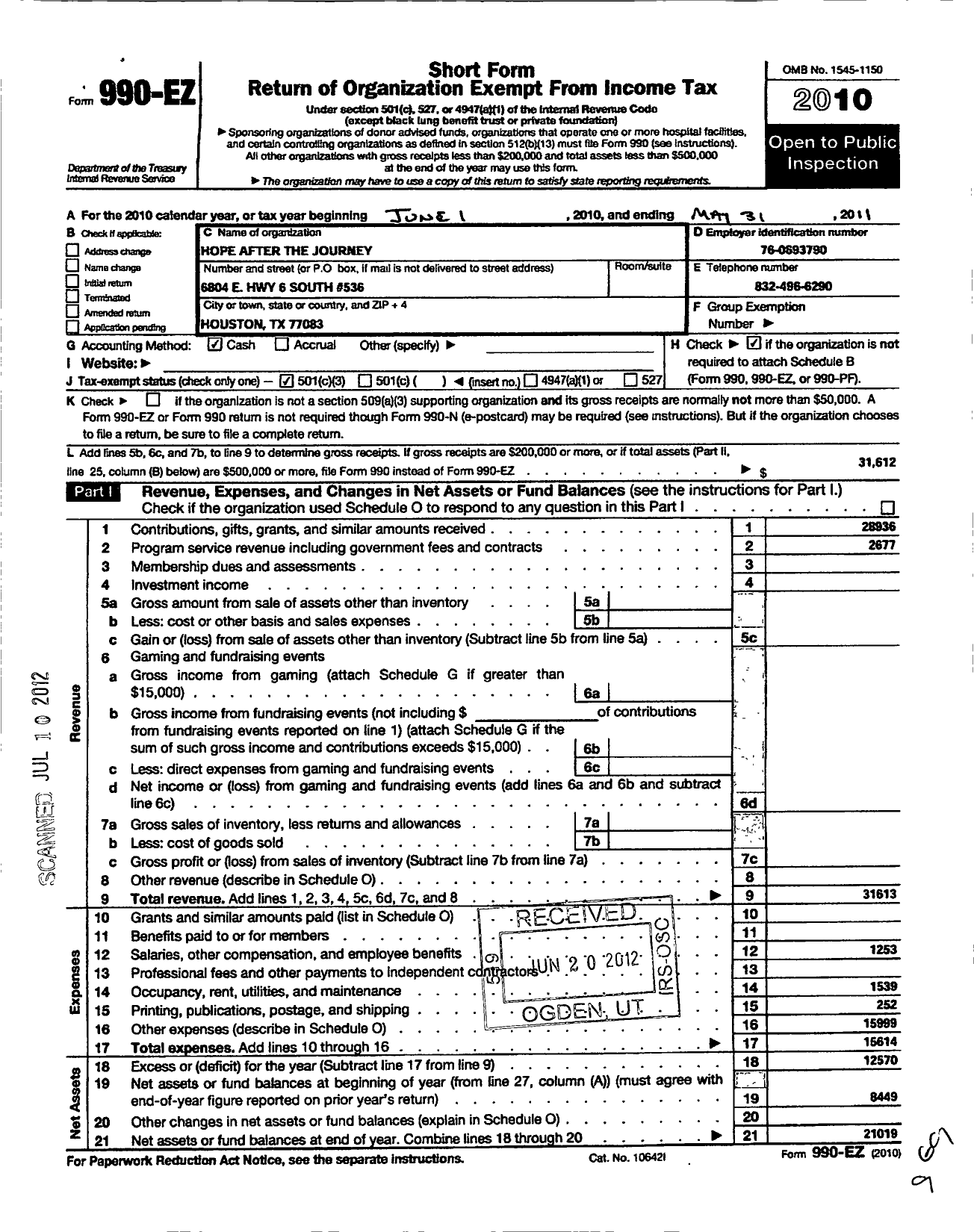 Image of first page of 2010 Form 990EZ for After the Journey